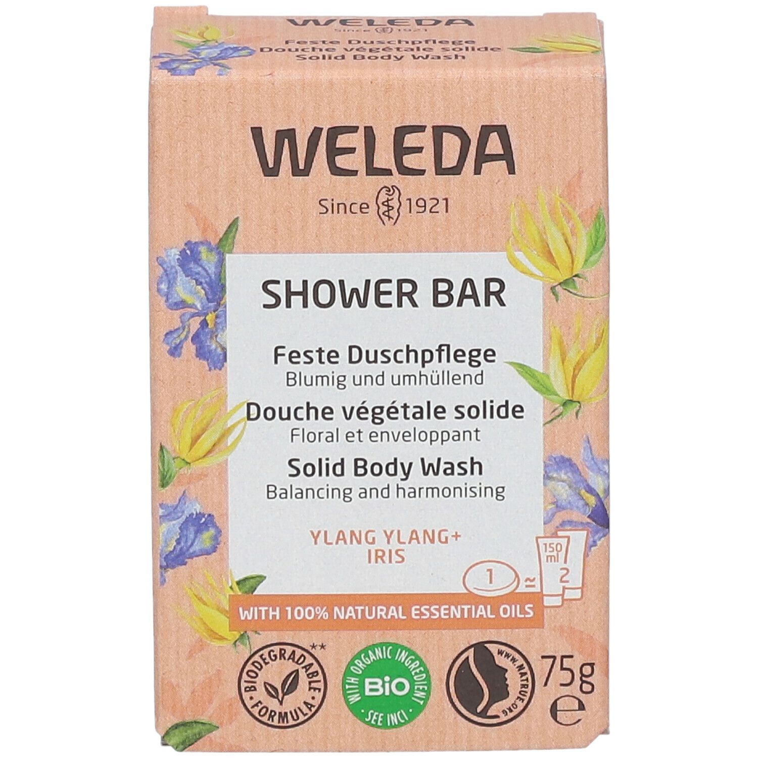 Detersivo solido Ylang Ylang e Iris. Confezione floreale, 75g. Contiene oli essenziali naturali.