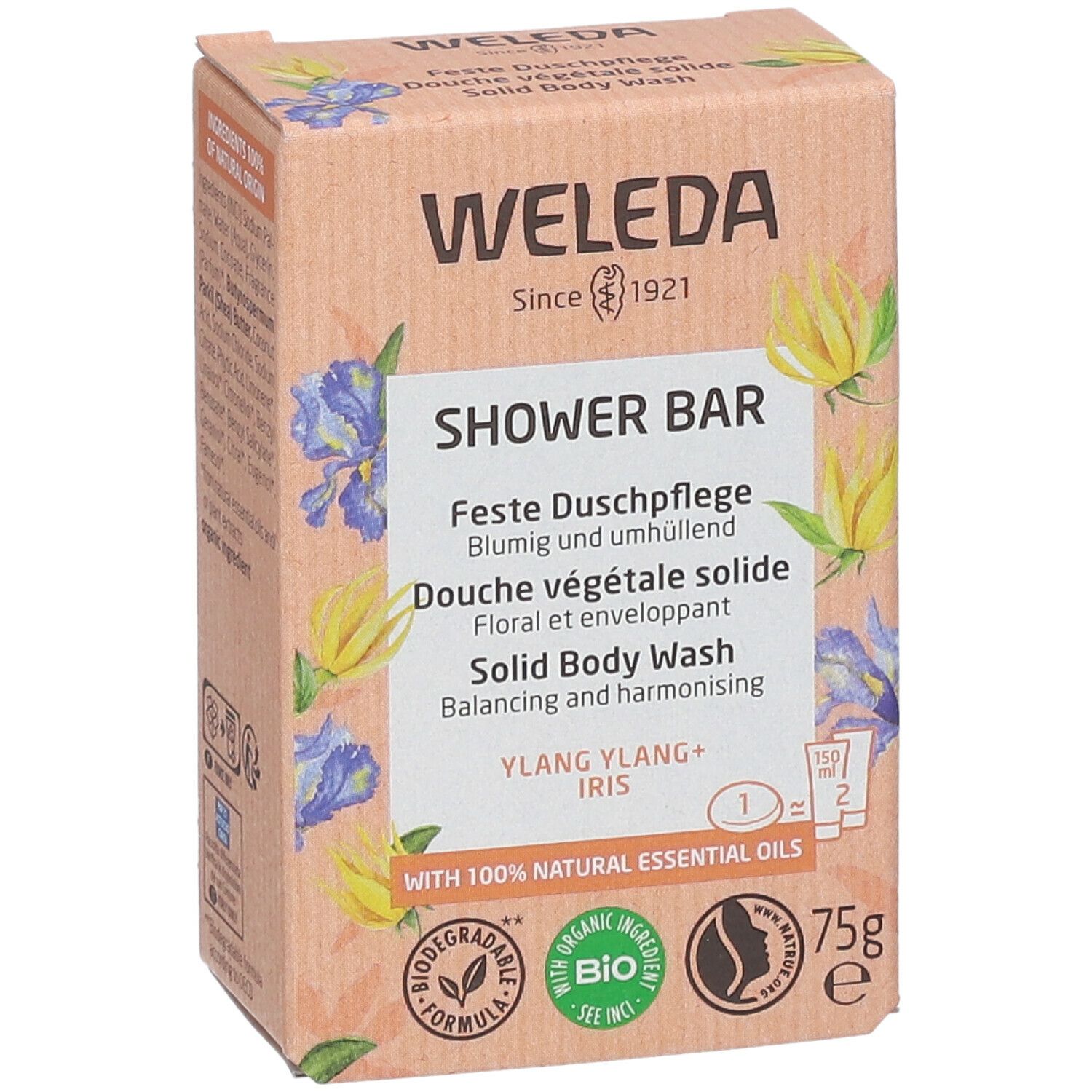 Confezione in cartone per detergente solido. Nome del prodotto e design floreale. Contiene 75g. Certificato bio.