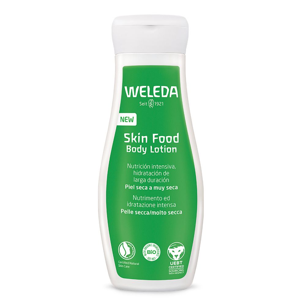 Weleda Skin Food Body Lotion. Flacone bianco con etichetta verde. Testo: Skin Food, marchio bio. Tappo bianco.