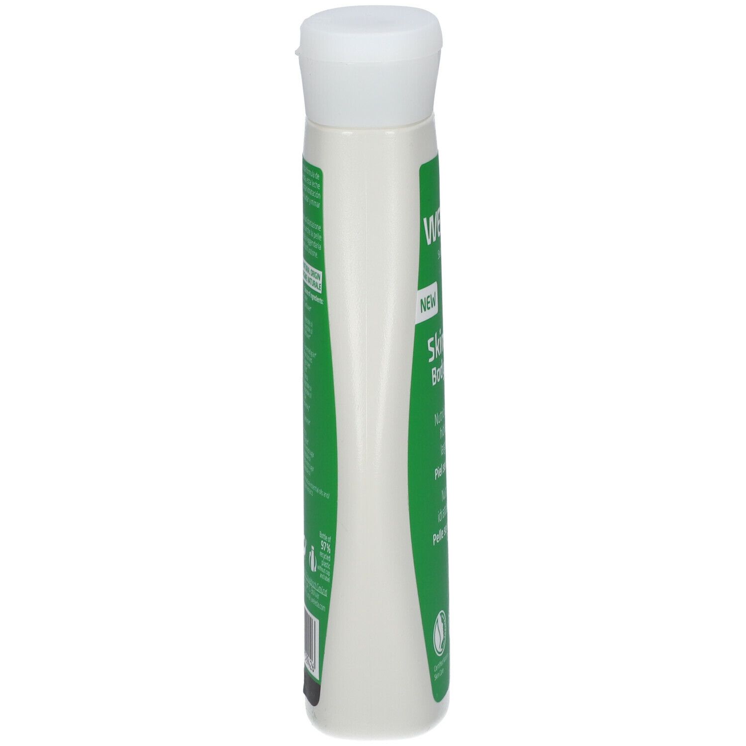 Weleda Skin Food Body Lotion. Flacone bianco con etichetta verde. Testo sul lato. Tappo bianco.