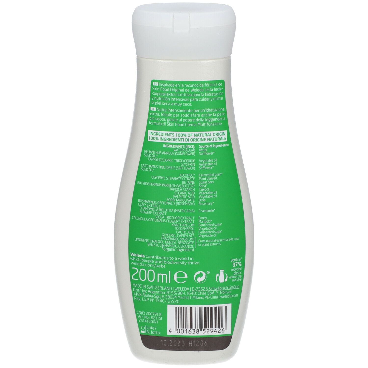 Weleda Skin Food Body Lotion. Retro del flacone bianco con etichetta verde. Testo e ingredienti. Tappo bianco.