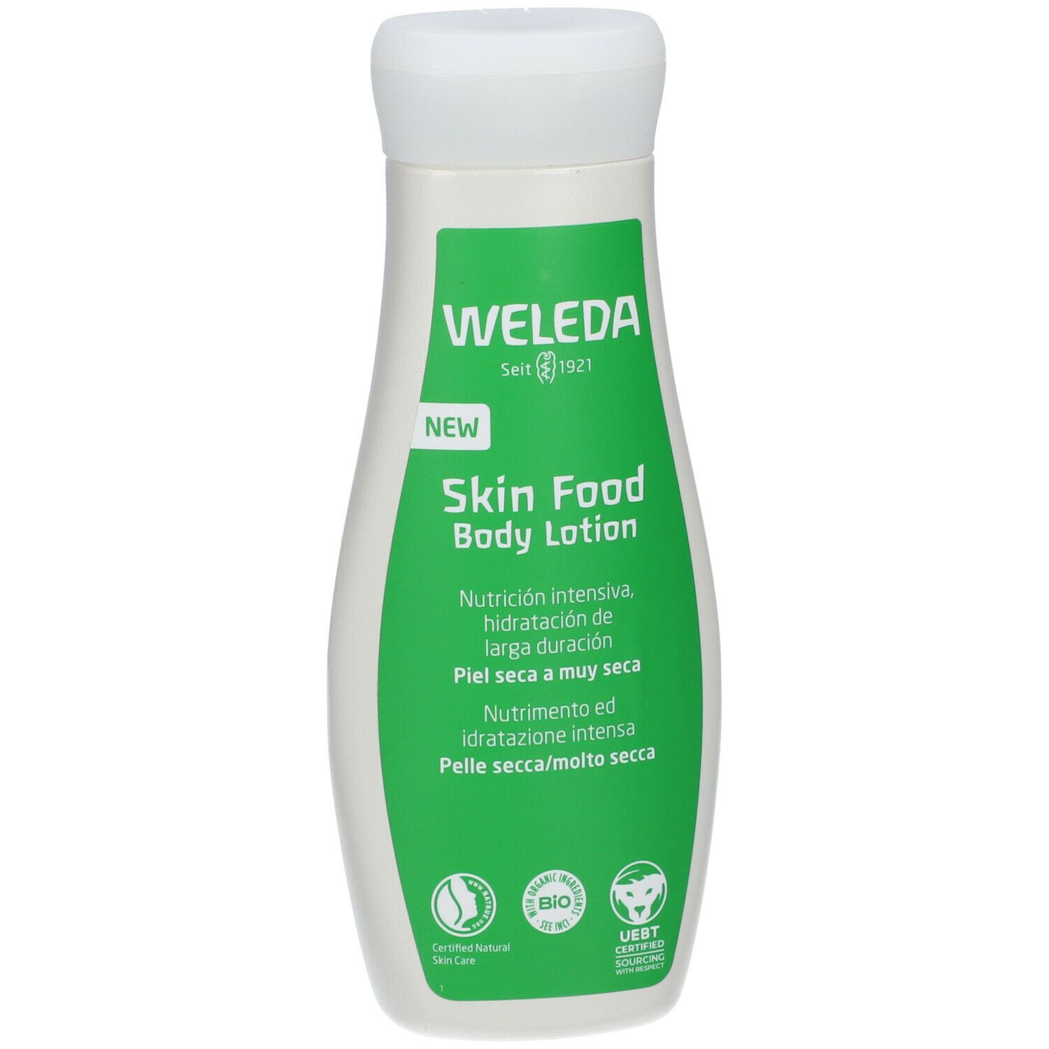 Weleda Skin Food Body Lotion. Flacone bianco con etichetta verde. Testo: Skin Food, marchio bio. Tappo bianco.