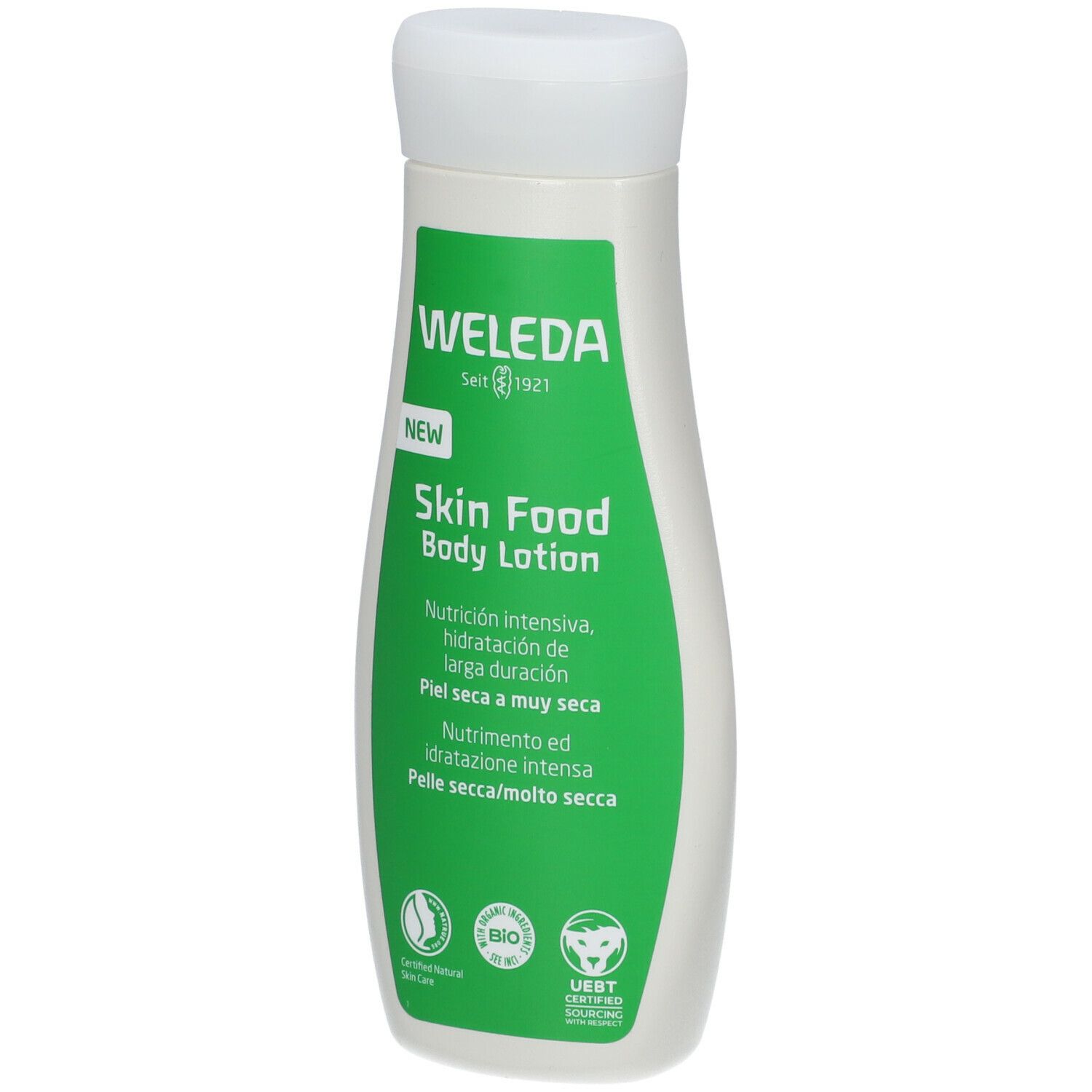Weleda Skin Food Body Lotion. Flacone bianco con etichetta verde. Testo: Skin Food, marchio bio. Tappo bianco.