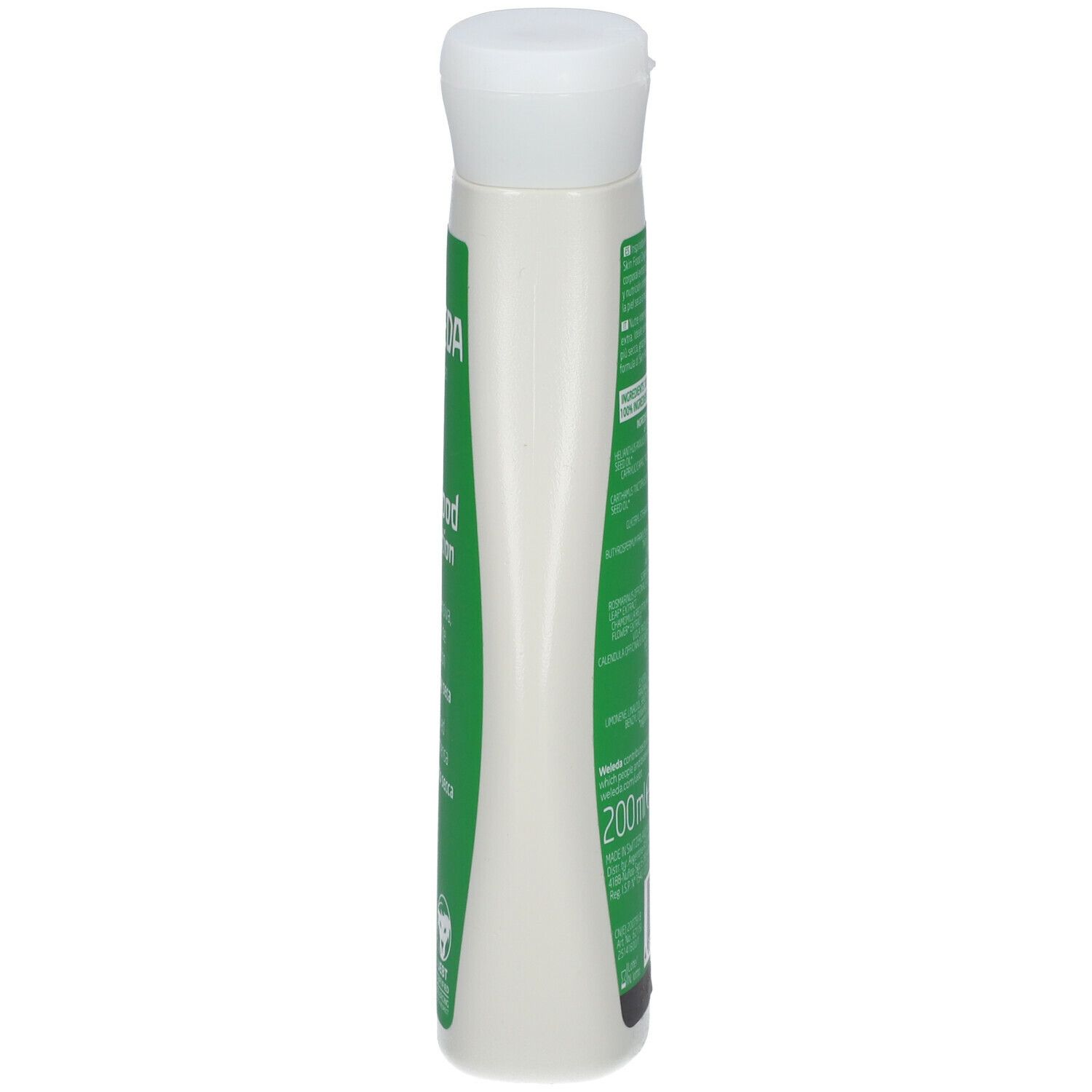 Weleda Skin Food Body Lotion. Flacone bianco con etichetta verde. Testo e 200ml. Tappo bianco.