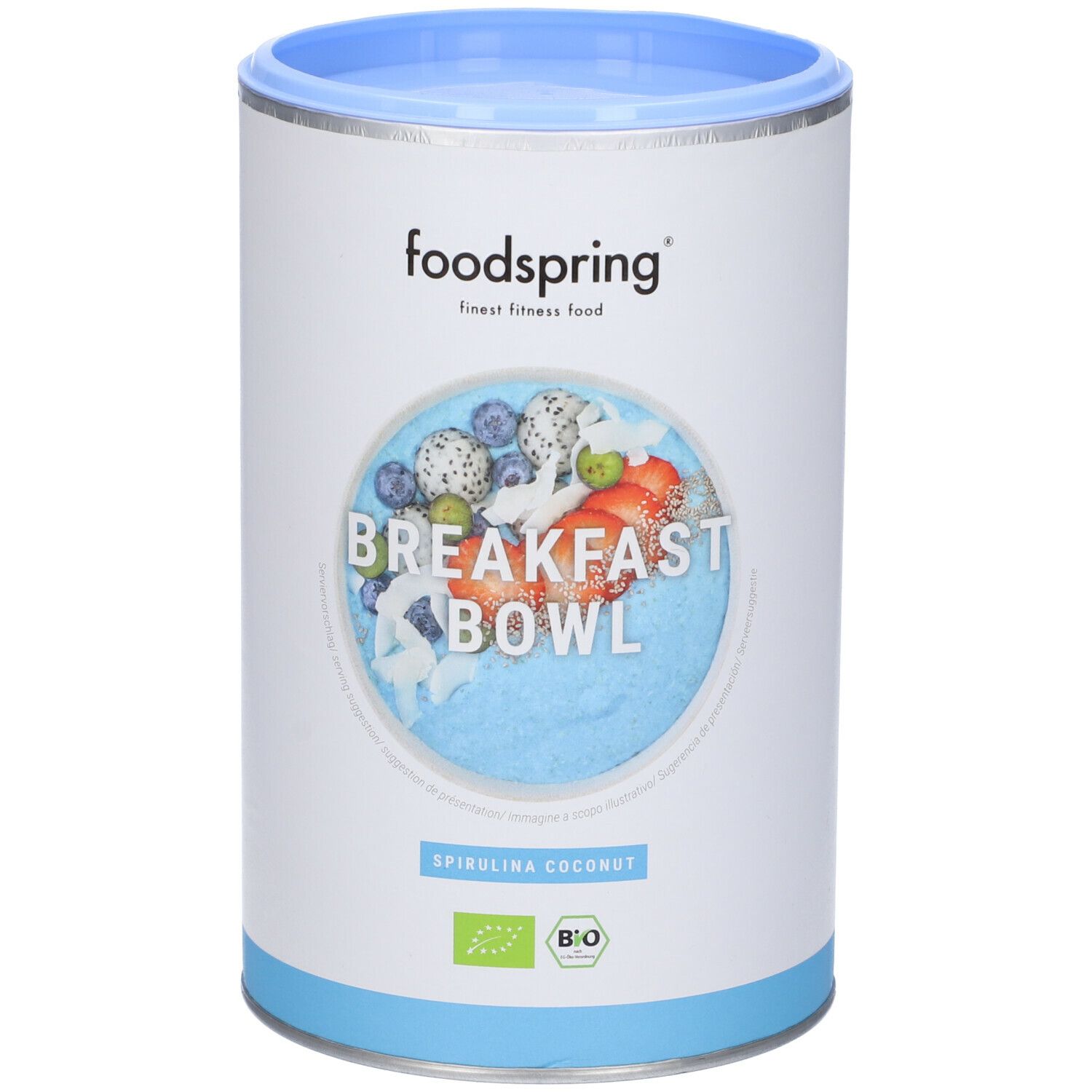 Barattolo cilindrico con logo "Foodspring" e illustrazione "Breakfast Bowl". Scritta "Spirulina Coconut" ed etichetta biologica.