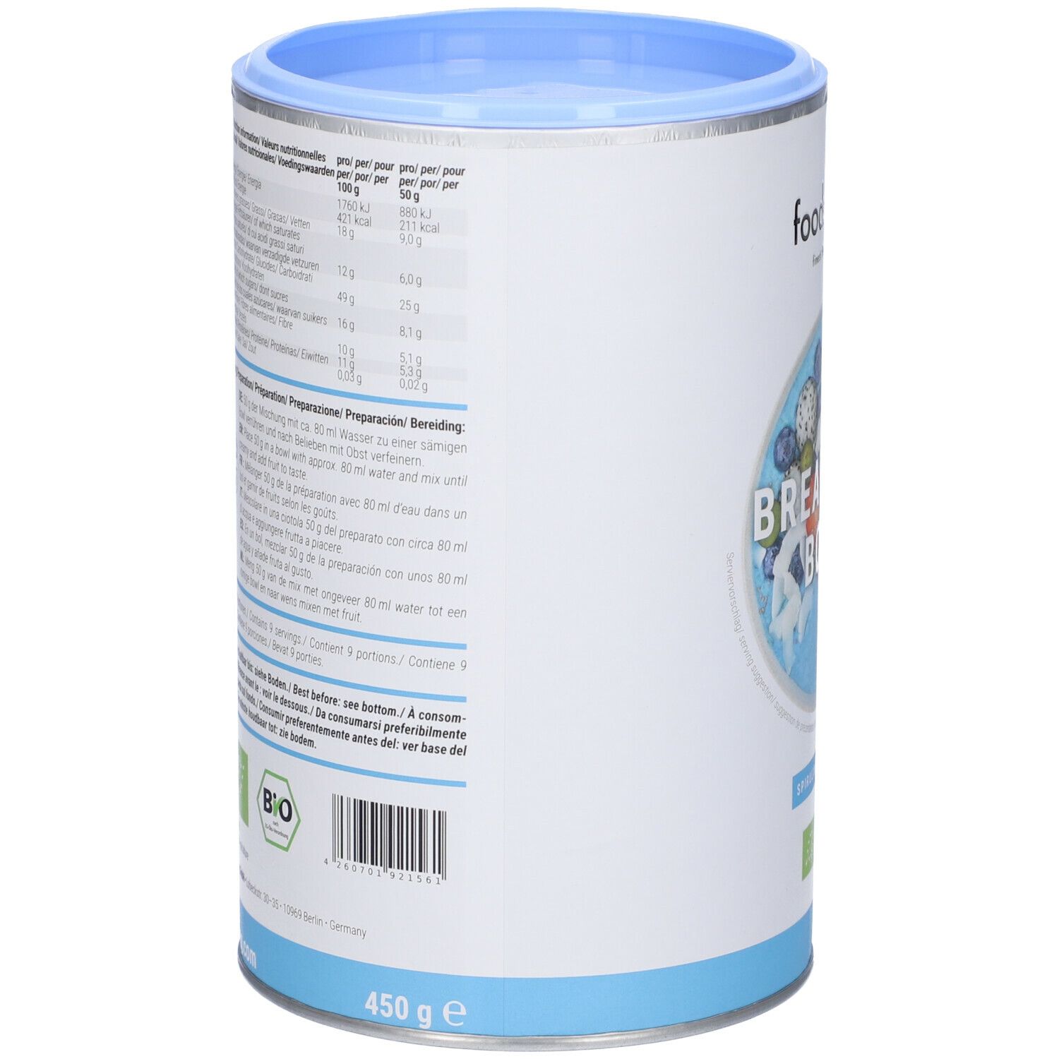 Barattolo cilindrico con coperchio e base blu. Retro con informazioni nutrizionali e istruzioni per la preparazione. Etichetta biologica.