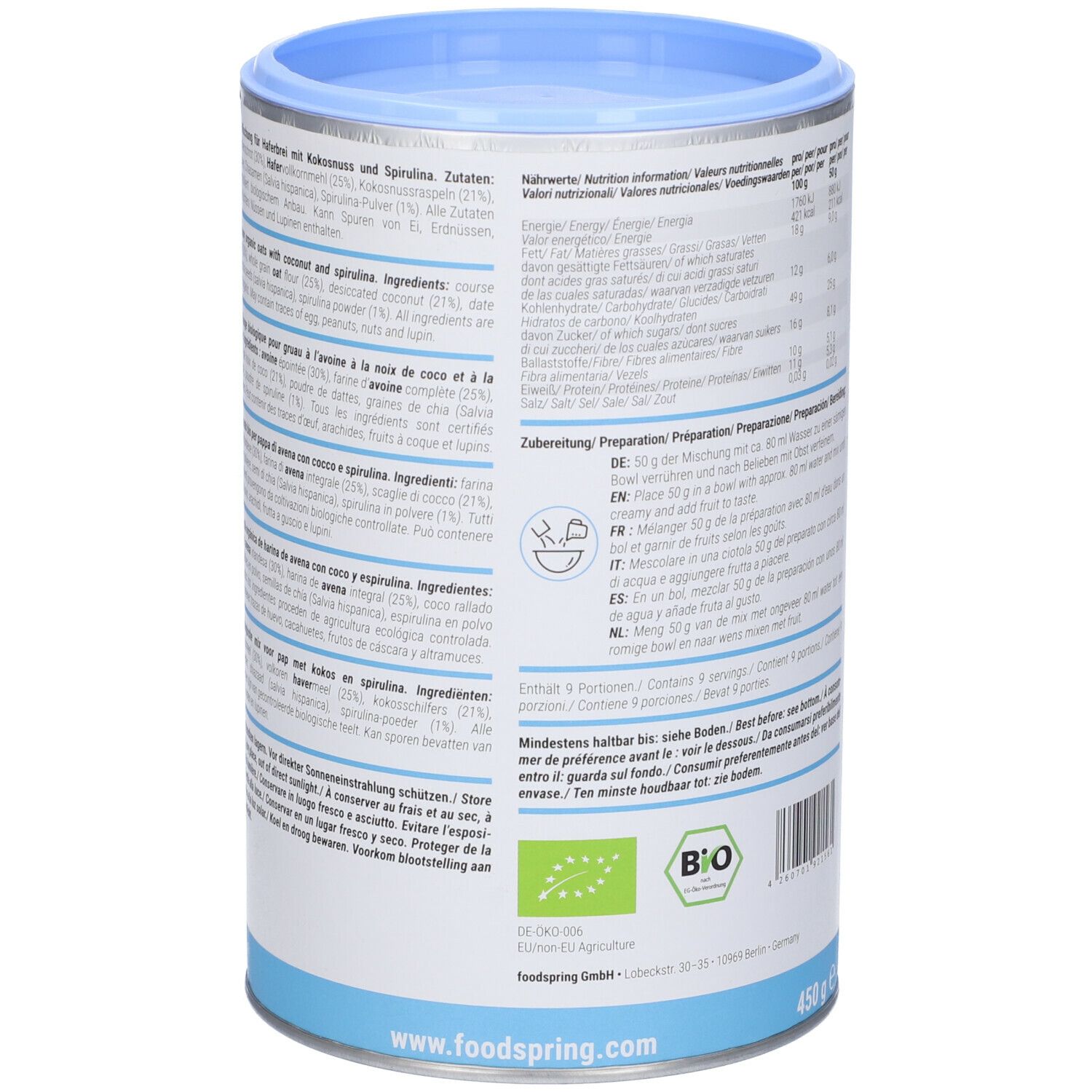 Barattolo cilindrico con coperchio e base blu. Ingredienti, informazioni nutrizionali e istruzioni. Etichetta biologica.