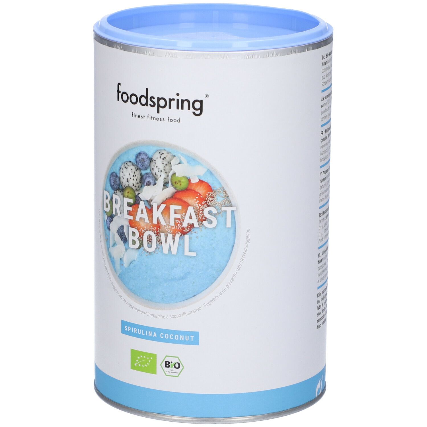 Barattolo cilindrico con logo "Foodspring" e illustrazione "Breakfast Bowl". Scritta "Spirulina Coconut" ed etichetta biologica.