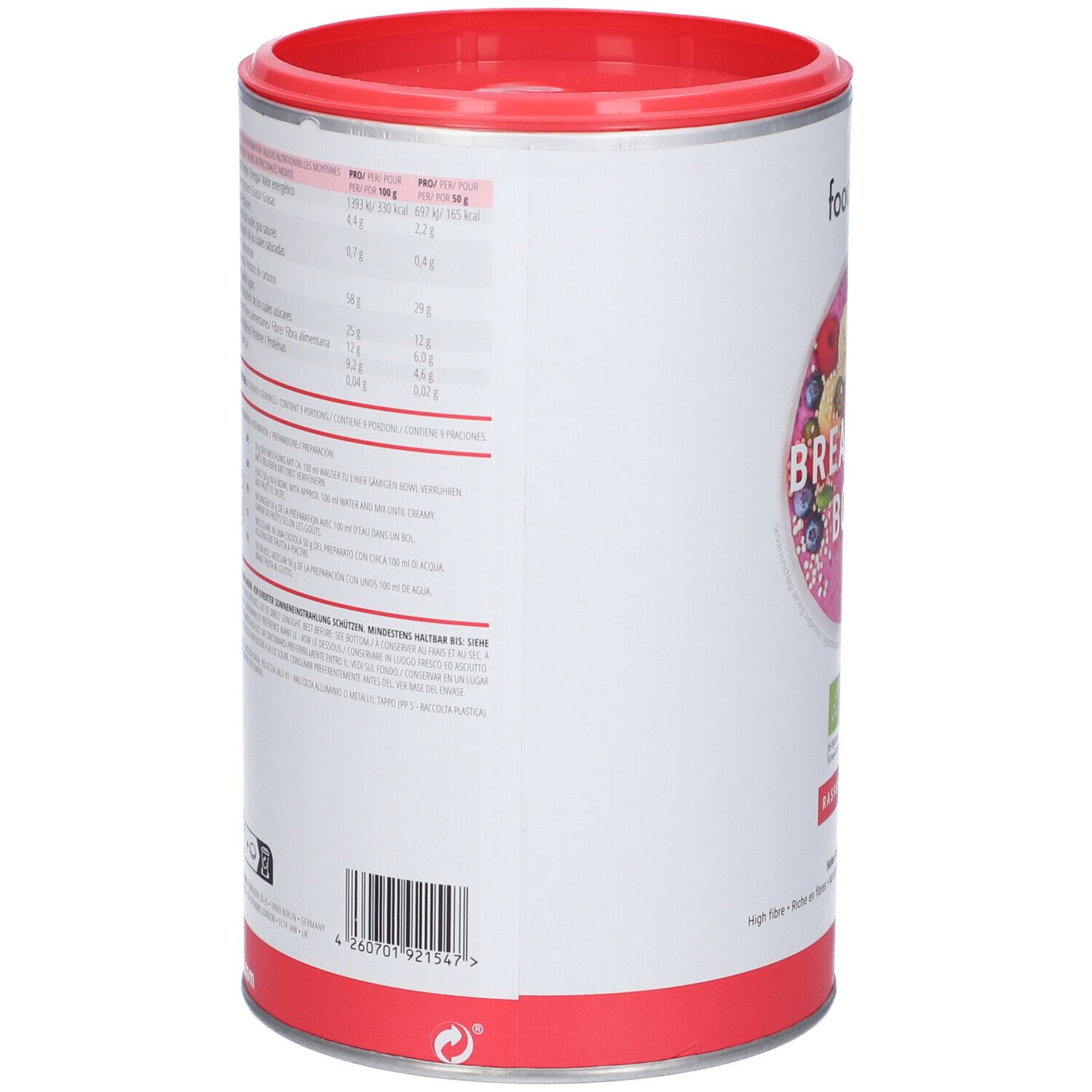 Barattolo Foodspring Breakfast Bowl. Coperchio e base rossi. Retro con testo e informazioni nutrizionali. Codice a barre.