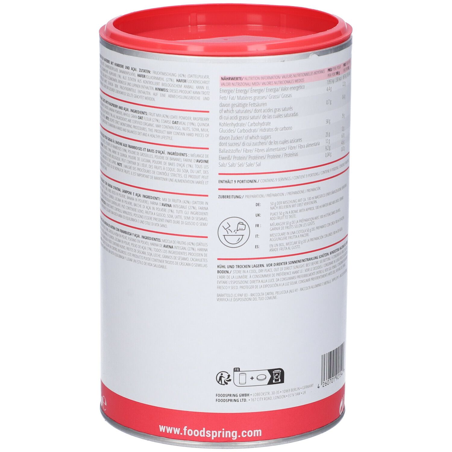 Barattolo Foodspring Breakfast Bowl. Coperchio e base rossi. Retro con testo e informazioni nutrizionali. Codice a barre.