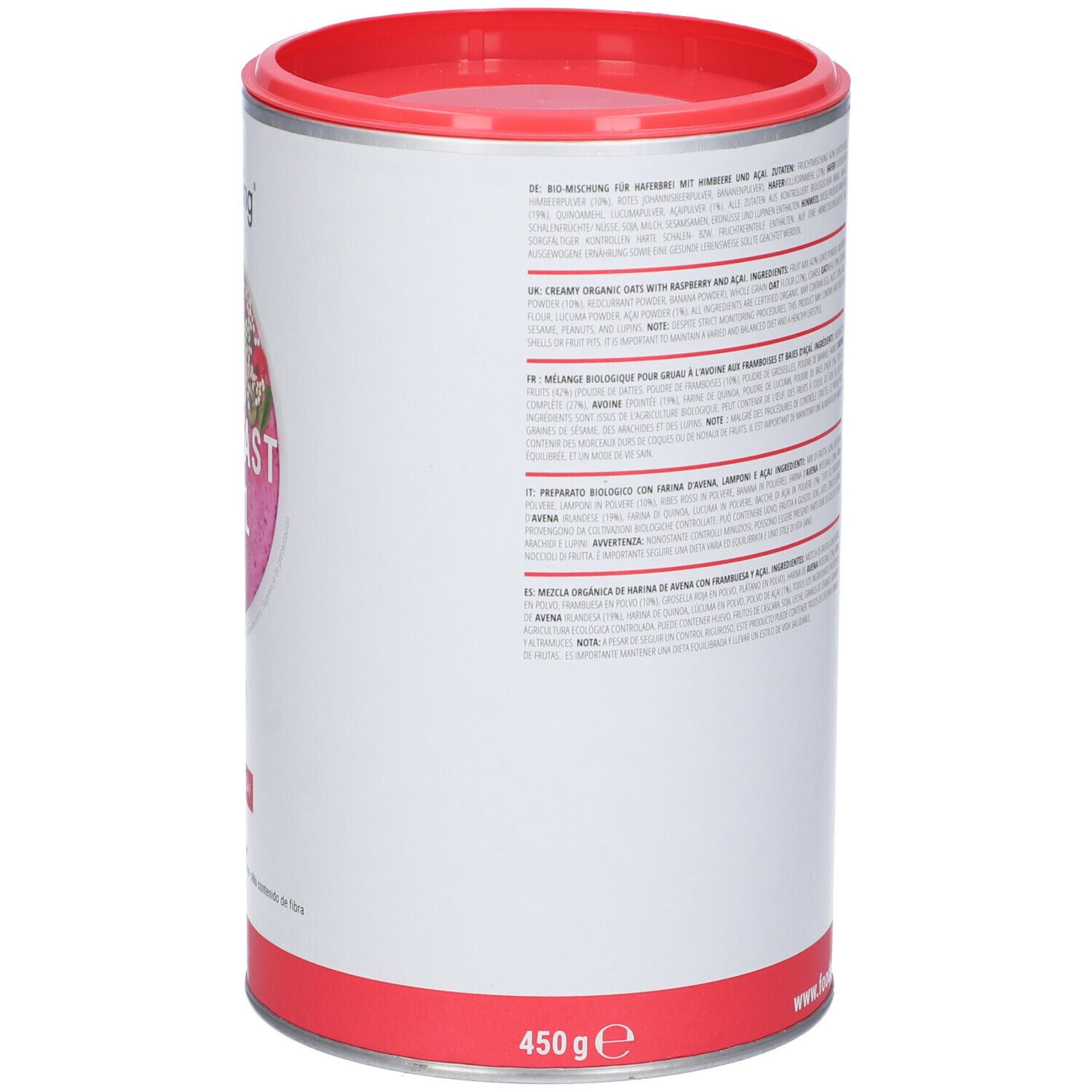 Barattolo Foodspring Breakfast Bowl. Coperchio e base rossi. Retro con testo e informazioni nutrizionali. 450g.
