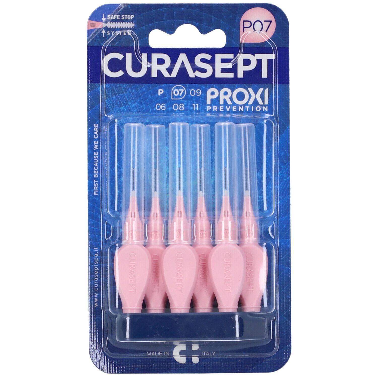 Confezione di scovolini rosa, marchio Curasept Proxi, P07. Confezione in plastica trasparente.