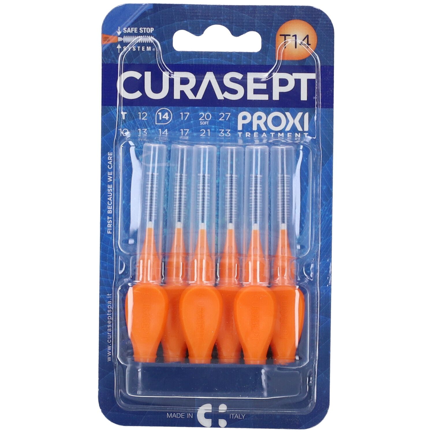 Packung mit sechs Curasept Proxi Interdentalbürsten, Größe T14, mit orangen Griffen und transparenten Schutzkappen.