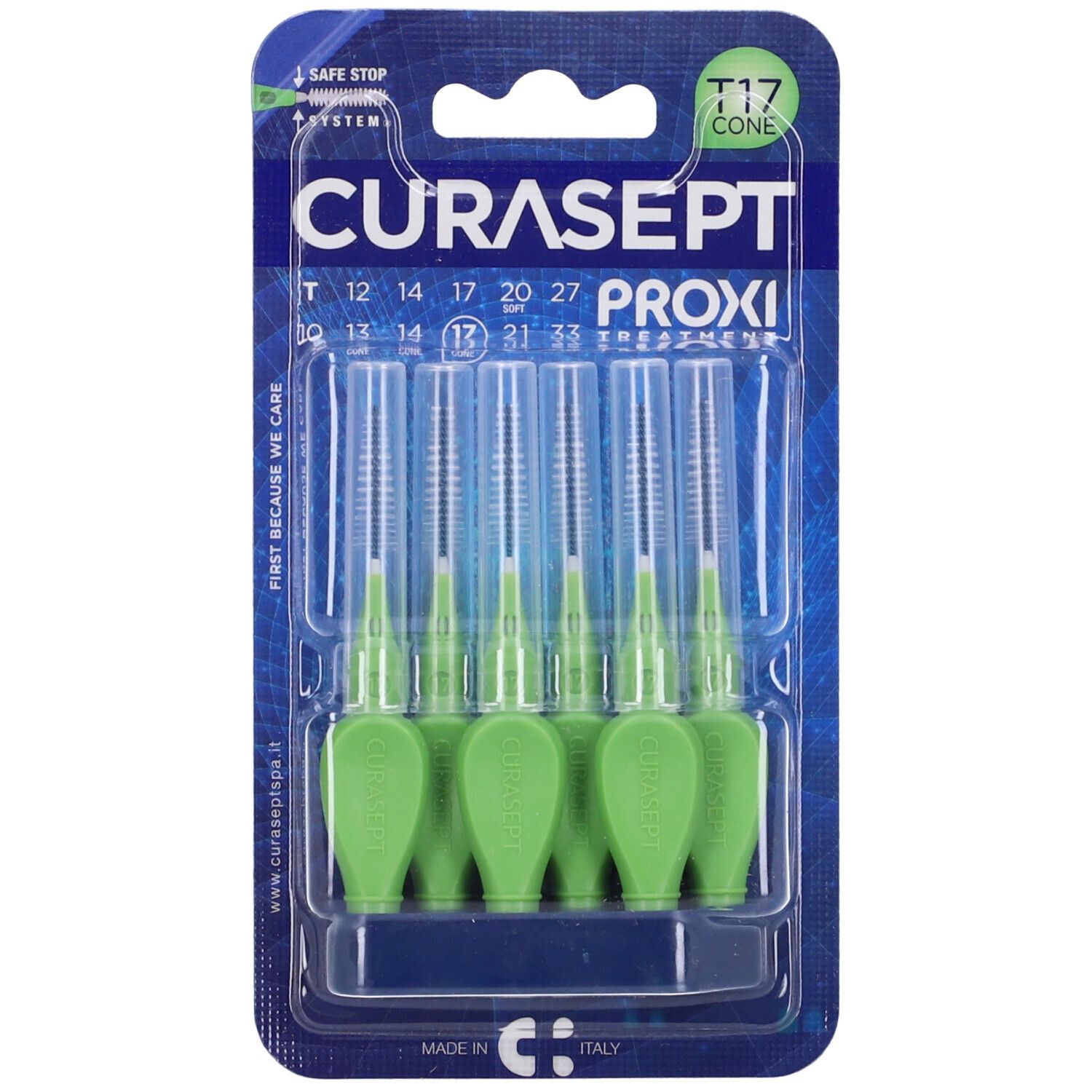 Verpackung mit grünen Curasept Proxi T17 Cone Zahnbürsten. Auf der Verpackung steht Curasept Proxi, T17 Cone und eine Reihe von Größen.