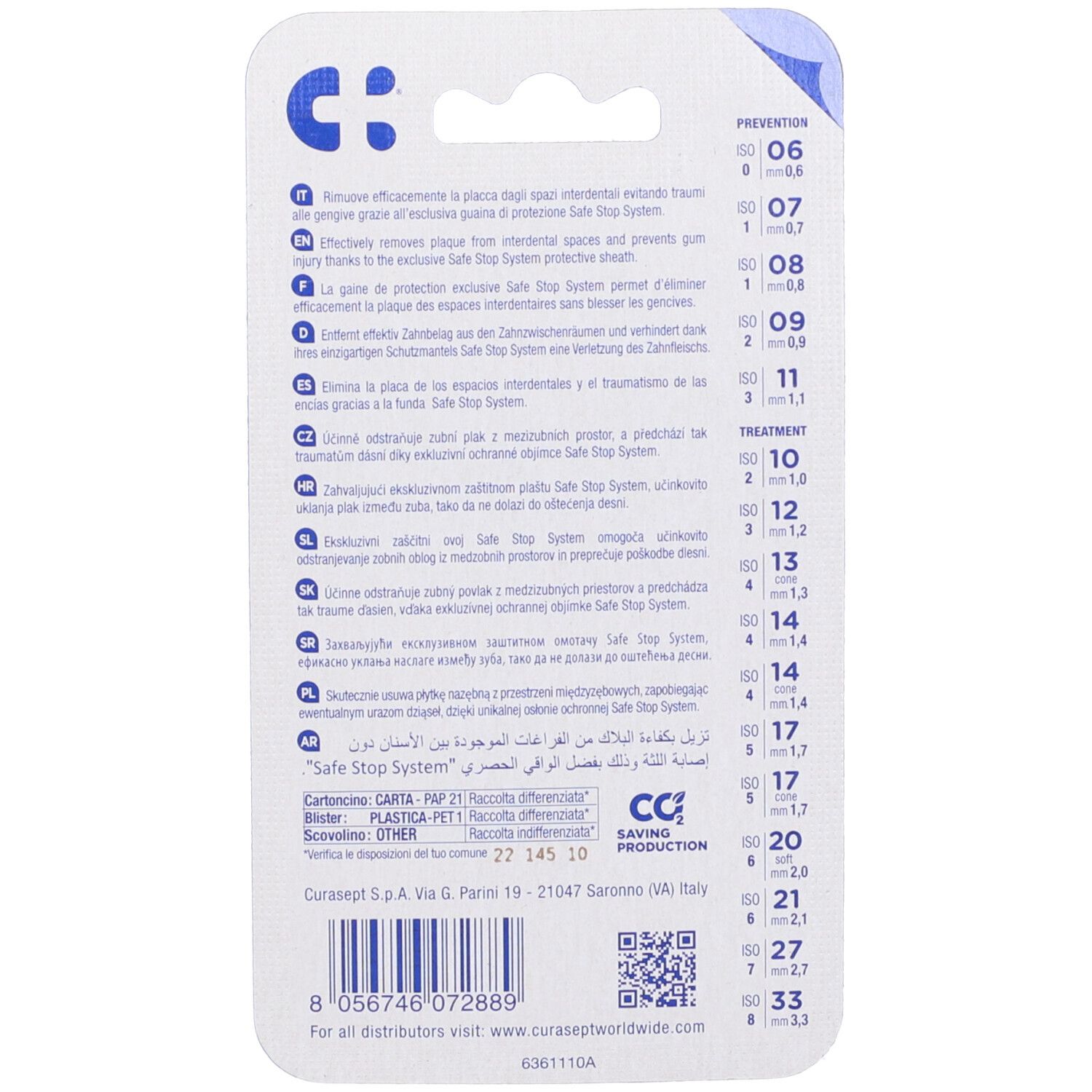 Rückseite der Curasept Proxi T17 Cone Verpackung. Text in mehreren Sprachen, Größenangaben und ein QR-Code sind sichtbar.