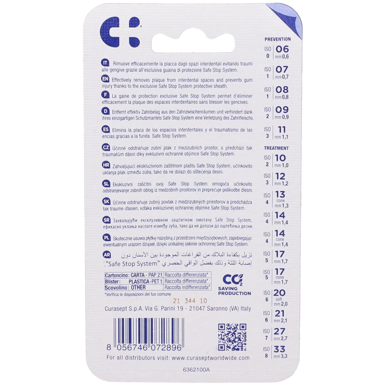 Rückseite der Blisterverpackung mit Text. Enthält Informationen zu den Bürsten und dem Safe Stop System.