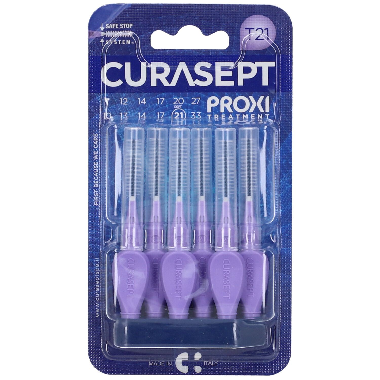 Confezione da 6 scovolini viola. Curasept Proxi T21. Confezione blister con indicazioni delle misure.