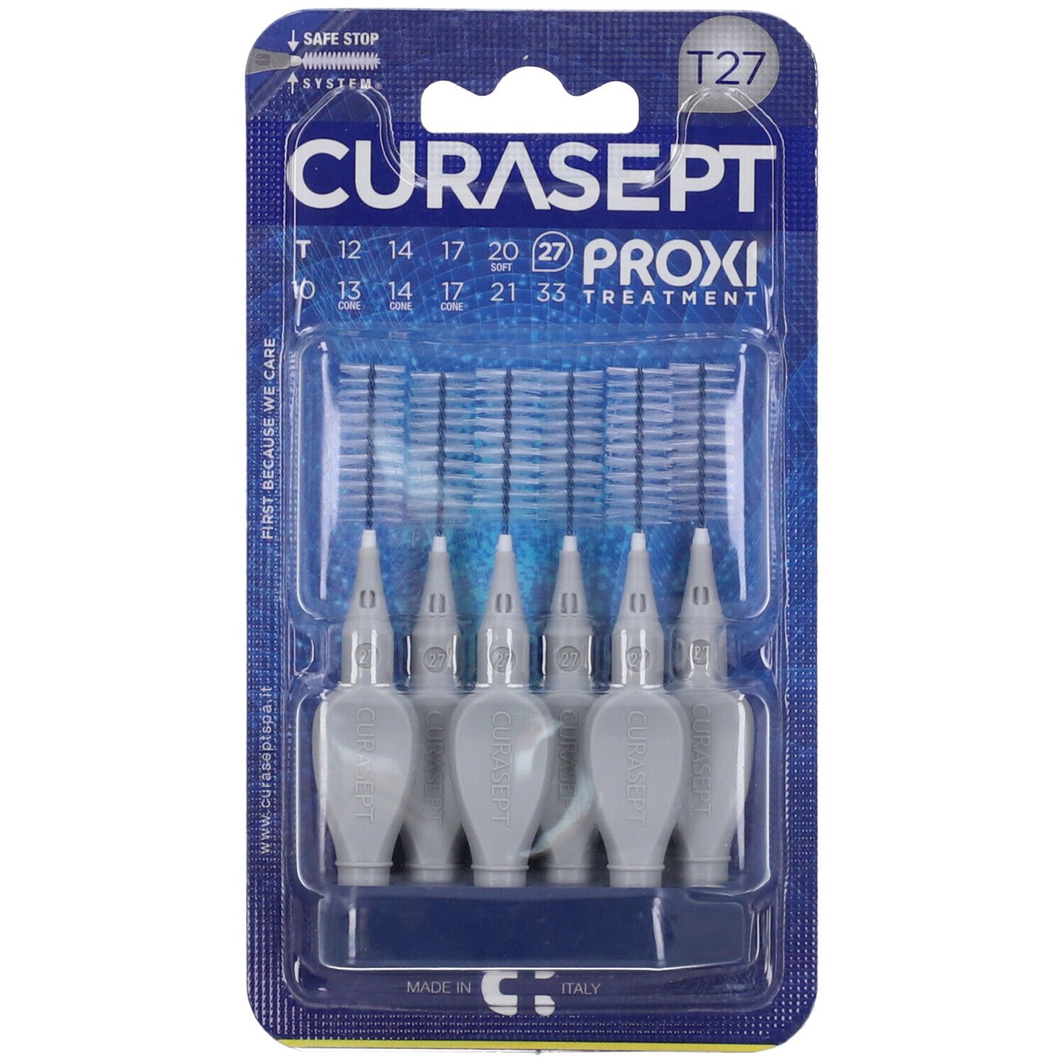Confezione blister con sei scovolini interdentali Curasept Proxi T27 grigi. Imballaggio blu con marchio e misure.