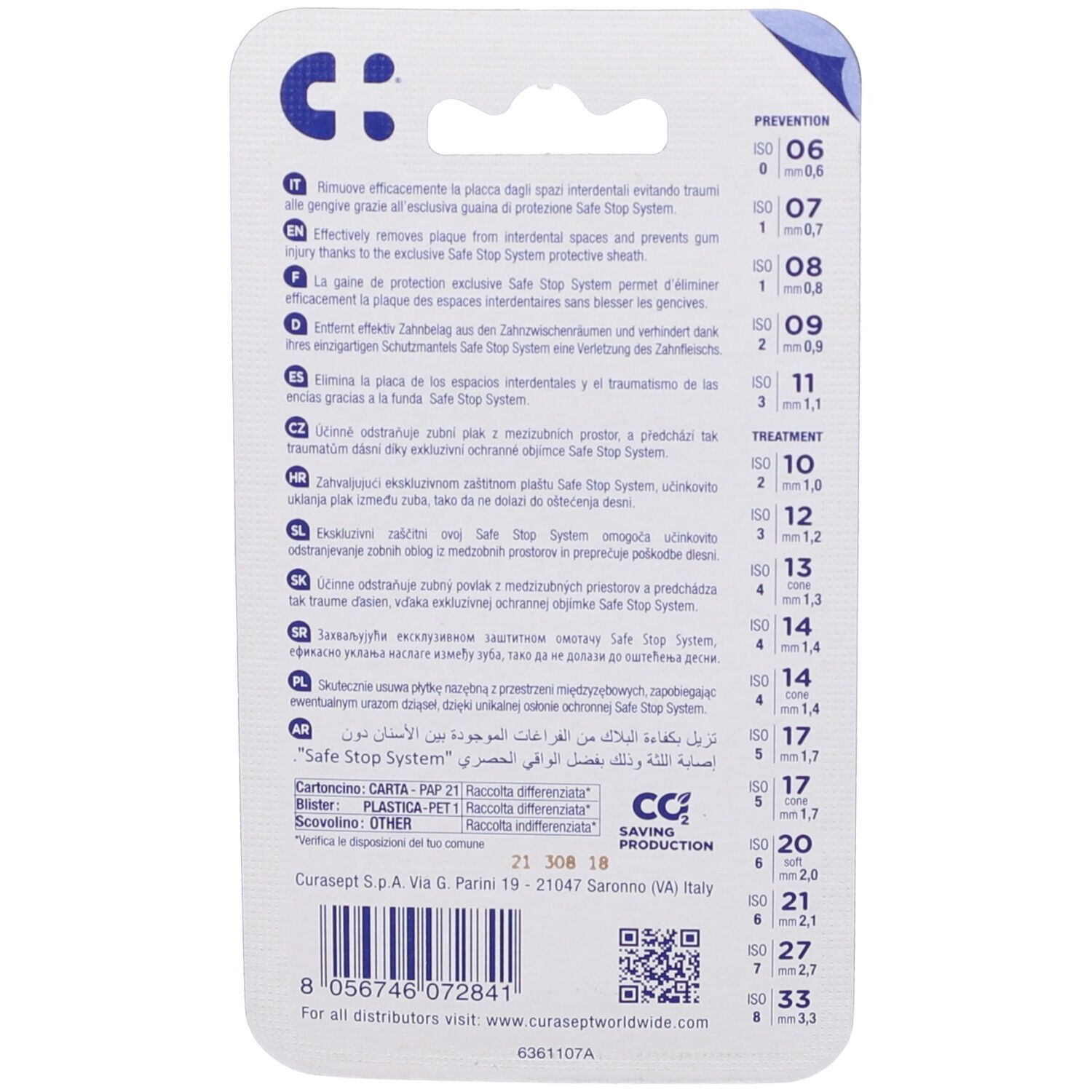 Rückseite der Curasept Proxi T13 Cone Bordeaux Verpackung. Informationen und Größenangaben. Safe Stop System.