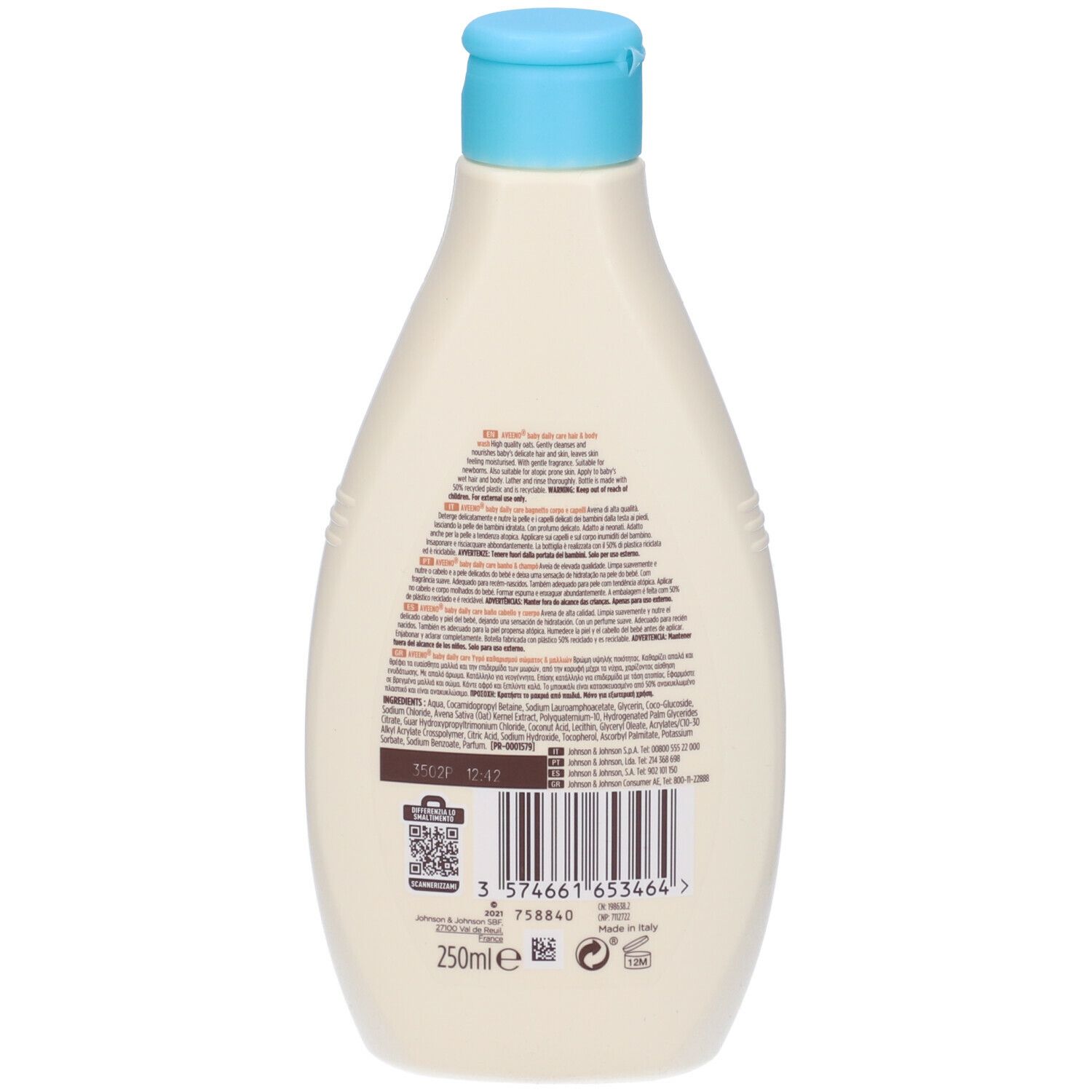 Flacone Aveeno Baby Daily Care, blu. Retro con testo e codice a barre. 250ml.