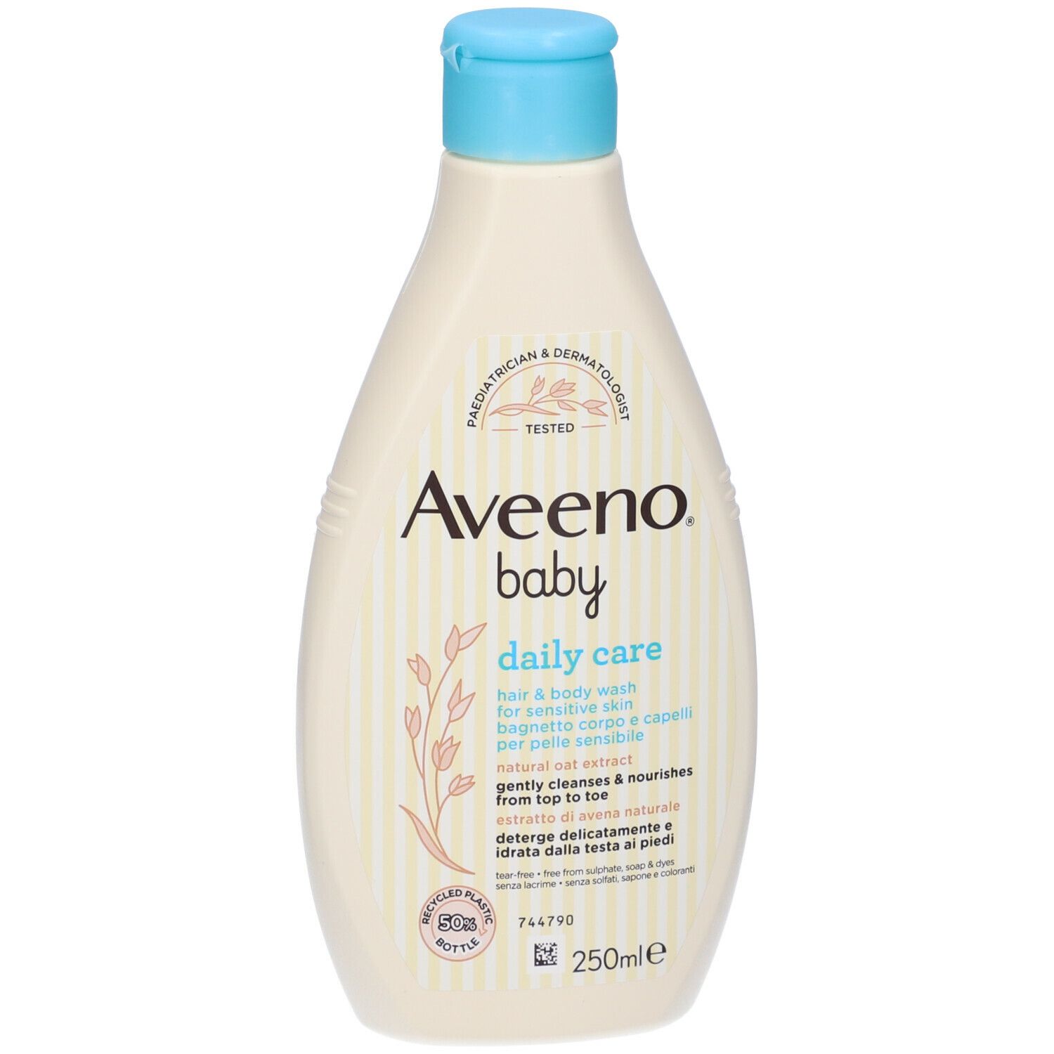 Flacone Aveeno Baby Daily Care, blu. 250ml. Per pelle e capelli. Testato dermatologicamente.