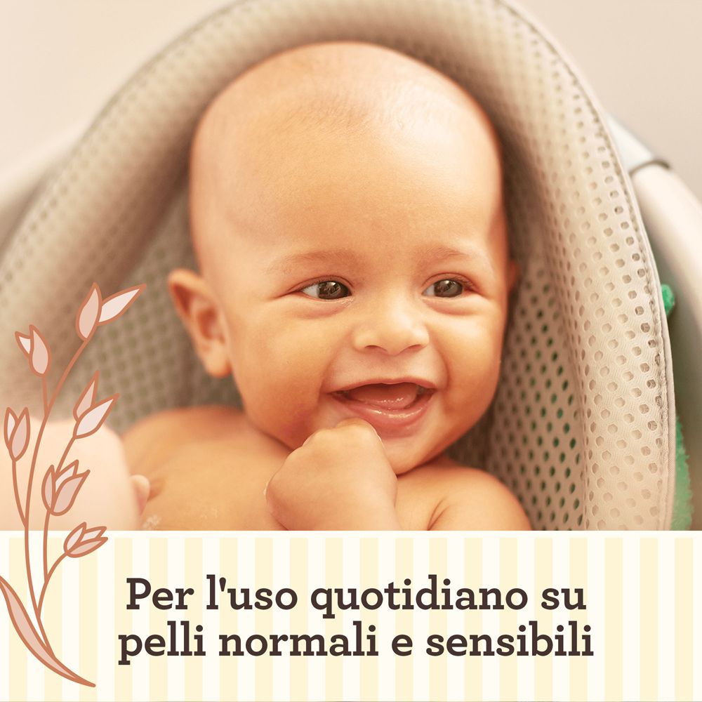 Bambino in vasca da bagno. Testo: Per l'uso quotidiano su pelli normali e sensibili.