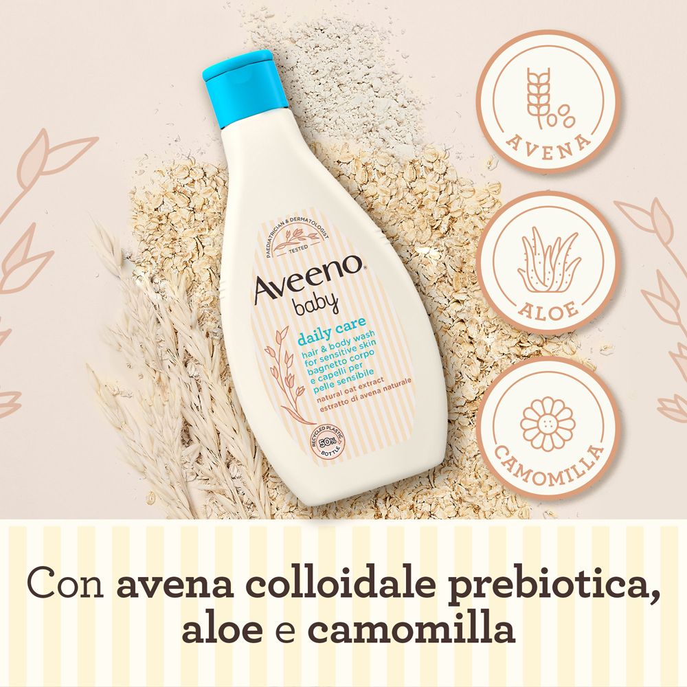 Flacone Aveeno Baby Daily Care, blu. Con avena, aloe e camomilla. Testo: Con avena colloidale prebiotica, aloe e camomilla.