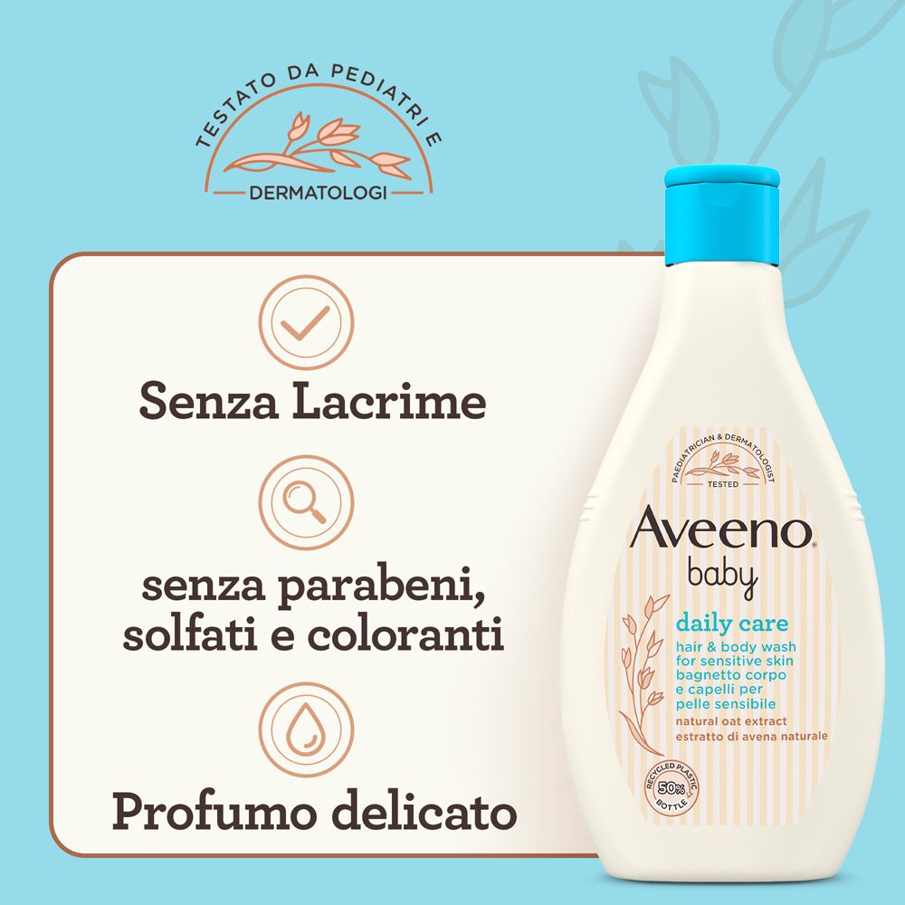 Flacone Aveeno Baby Daily Care, blu. Testo: Senza lacrime, senza parabeni, solfati e coloranti, profumo delicato.