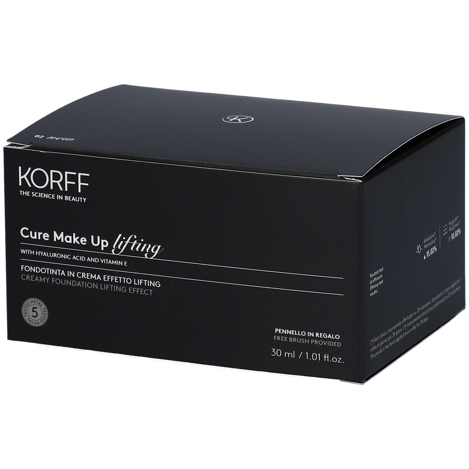 Scatola nera con logo KORFF e informazioni prodotto. Testo: Cure Make Up lifting, Fondotinta in Crema Effetto Lifting. 30 ml. Pennello incluso.