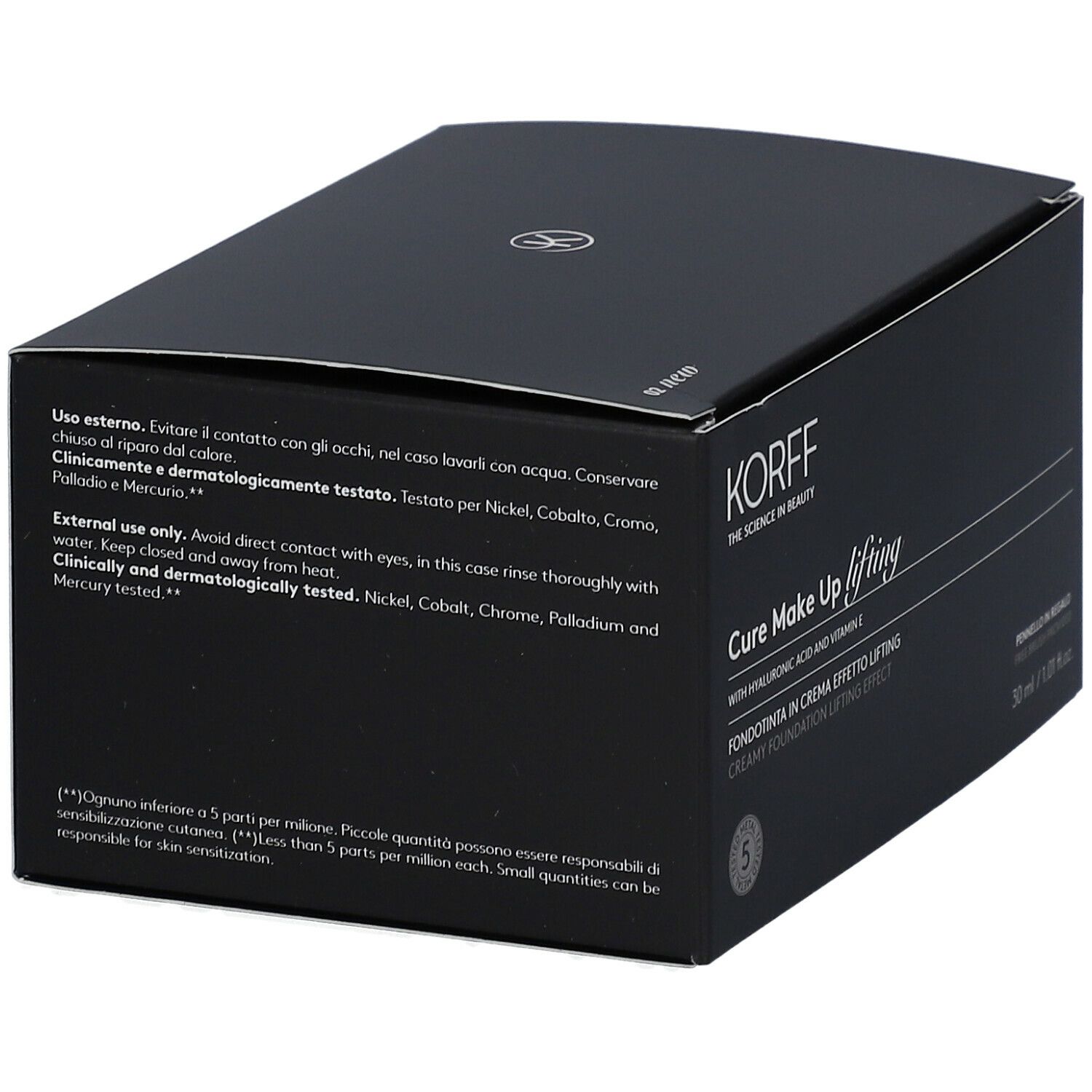 Scatola nera con informazioni prodotto. Testo: Clinicamente e dermatologicamente testato. Solo per uso esterno. 30 ml.