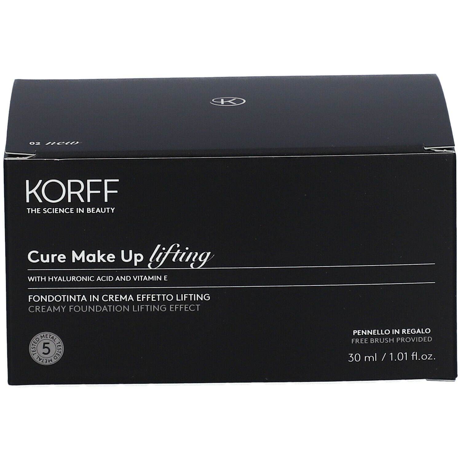 Scatola nera con logo KORFF e informazioni prodotto. Testo: Cure Make Up lifting, Fondotinta in Crema Effetto Lifting. 30 ml. Pennello incluso.