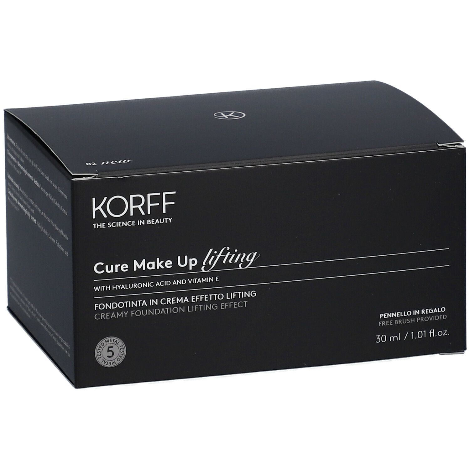 Scatola nera con logo KORFF e informazioni prodotto. Testo: Cure Make Up lifting, Fondotinta in Crema Effetto Lifting. 30 ml. Pennello incluso.