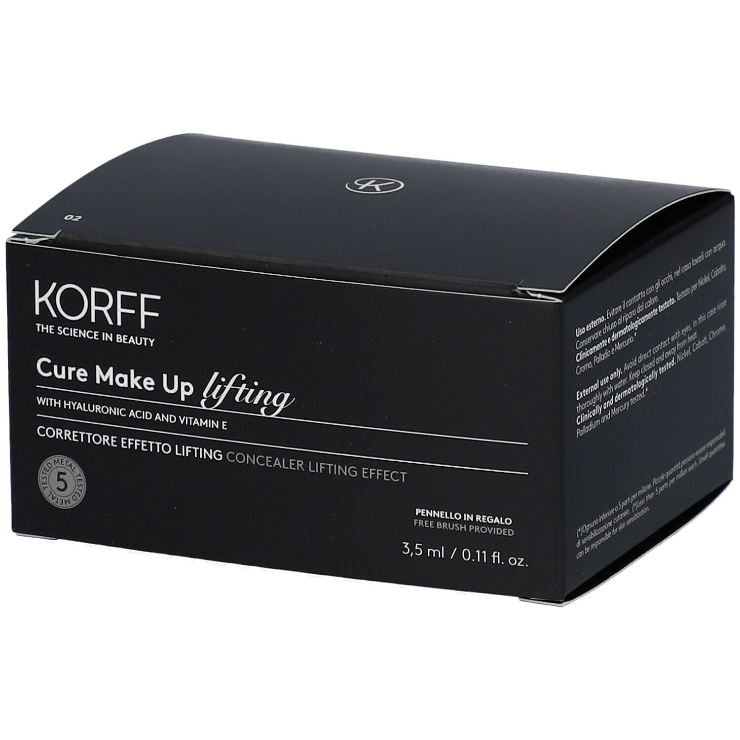 Confezione nera con logo KORFF e nome del prodotto. Scritte: Cure Make Up lifting, Correttore Effetto Lifting, 3,5 ml.