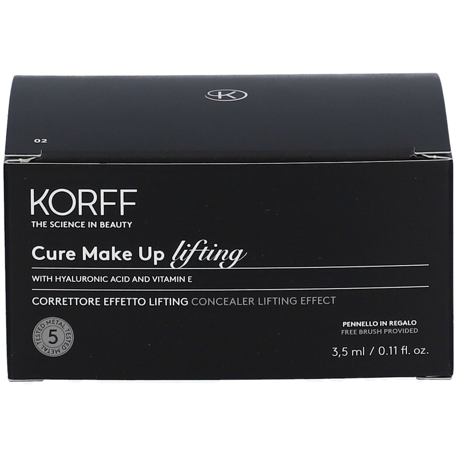Confezione nera con logo KORFF e nome del prodotto. Scritte: Cure Make Up lifting, Correttore Effetto Lifting, 3,5 ml.
