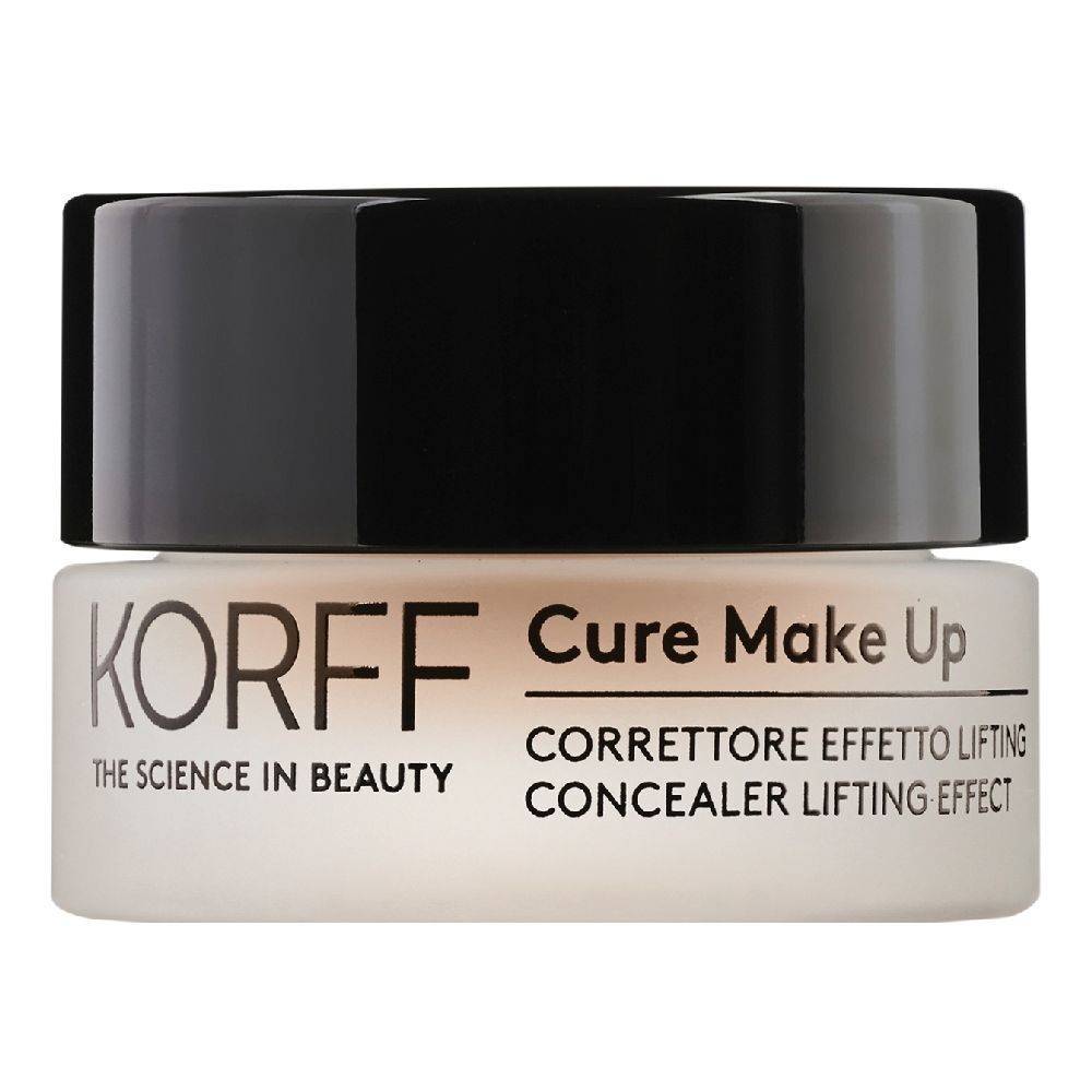 Crema beige in vasetto con coperchio nero. Scritta: KORFF Cure Make Up, Correttore Effetto Lifting.