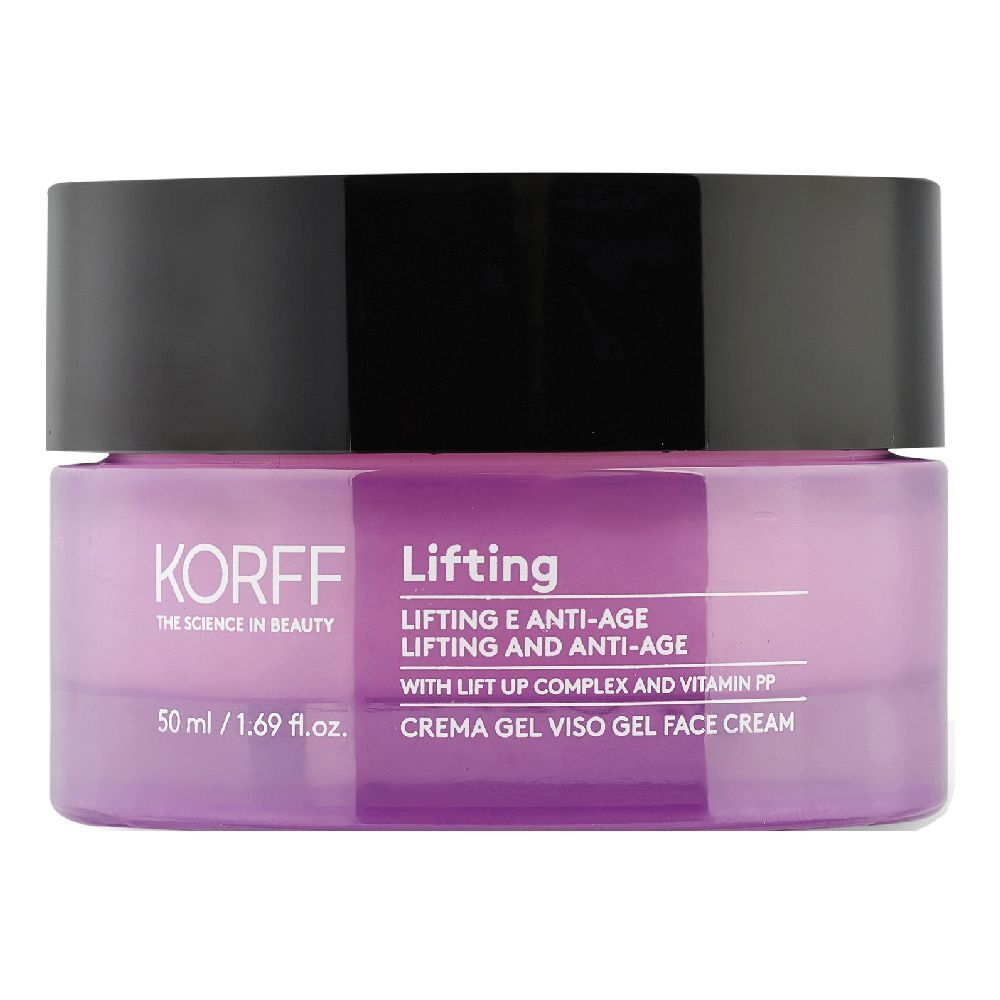 Vaso di crema viola con coperchio nero. Scritta: KORFF, Lifting, 50 ml.