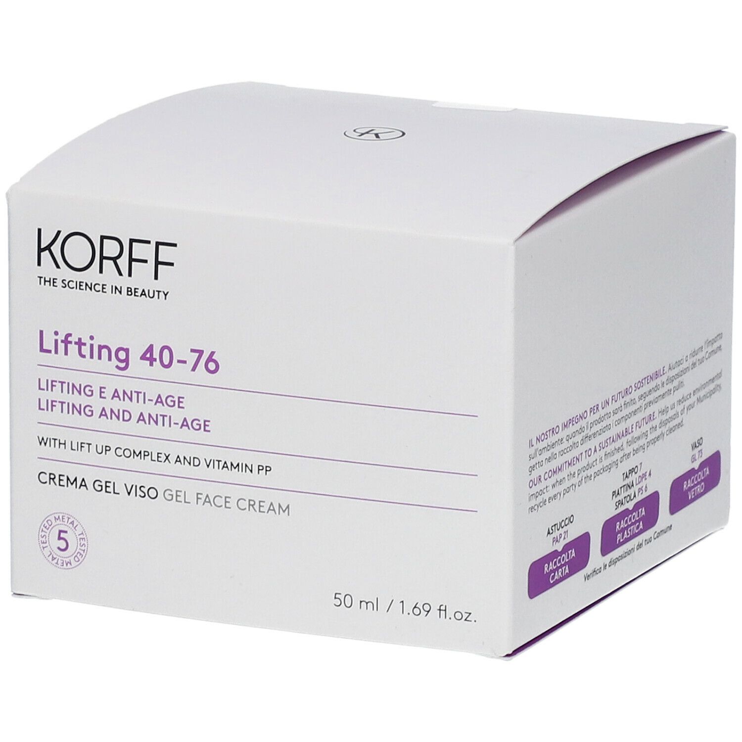 Confezione bianca con scritta: KORFF, Lifting 40-76, 50 ml.