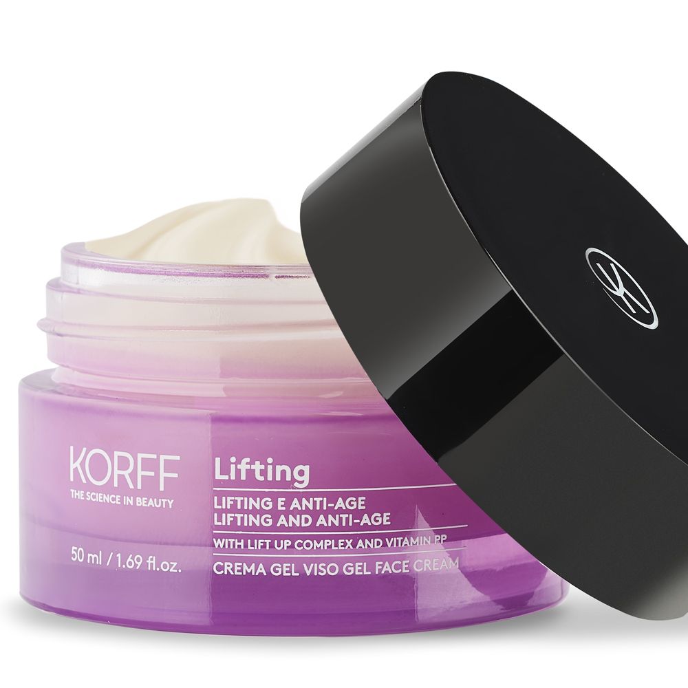 Vaso di crema aperto con coperchio nero. Crema visibile. Scritta: KORFF, Lifting, 50 ml.