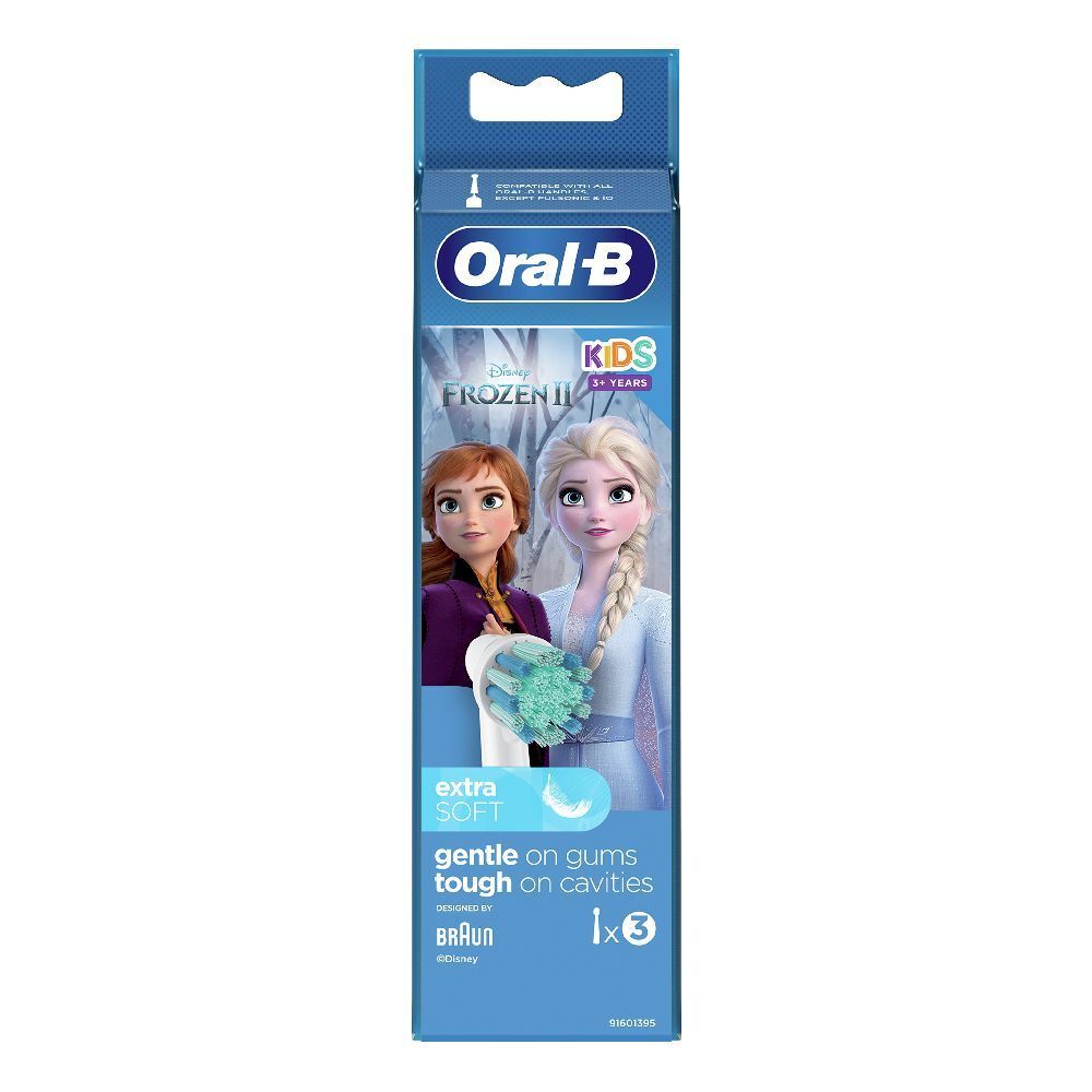 Testine per spazzolino per bambini. Confezione con Elsa e Anna. Visibili "Extra Soft" e "1x3".