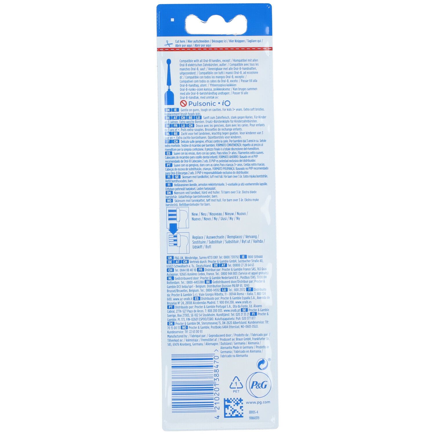 Confezione con informazioni sul prodotto. Retro con testo multilingue, codice a barre e logo P&G.