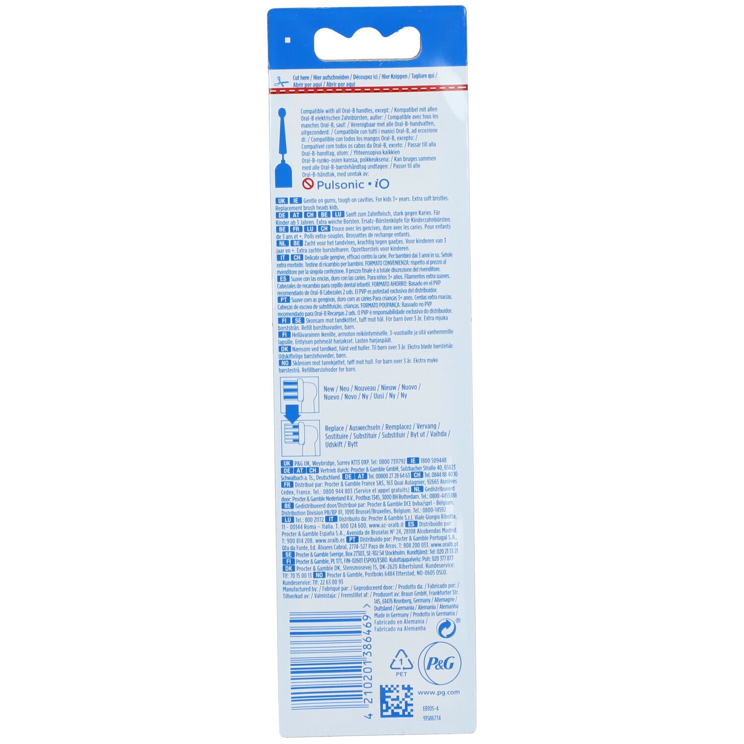 Confezione con testo. Blu in alto, con foro per appendere. Testo multilingue. Logo P&G.