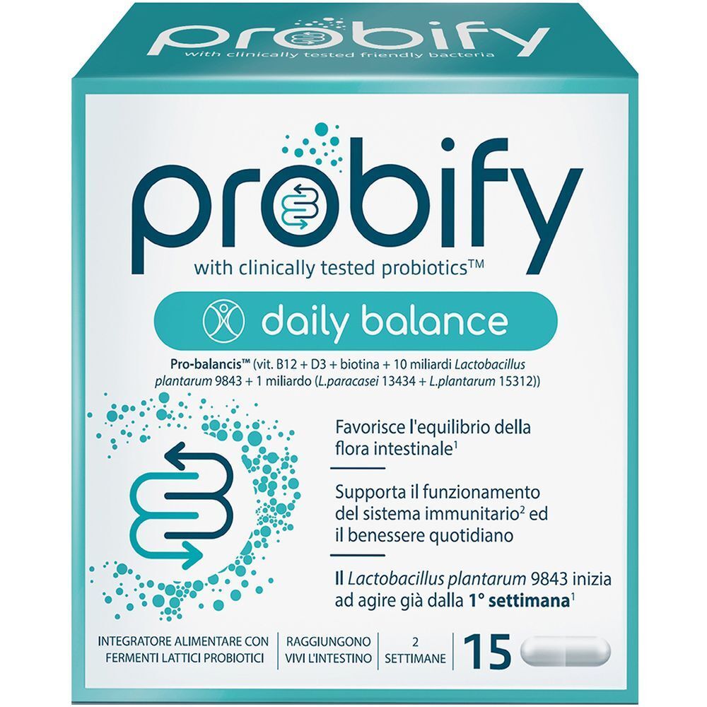 Confezione di Probify Daily Balance. Scatola blu con scritta "Daily Balance". Contiene 15 capsule.