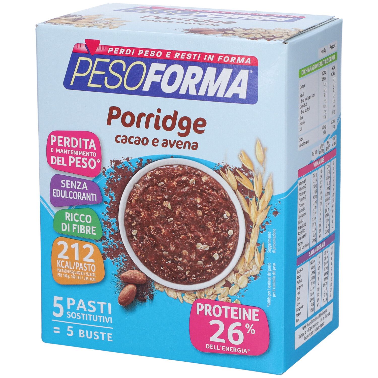 Confezione Pesoforma Porridge Cioccolato. Scritte: Porridge, Cacao e Avena, 5 Pasti Sostitutivi, 26% Proteine.