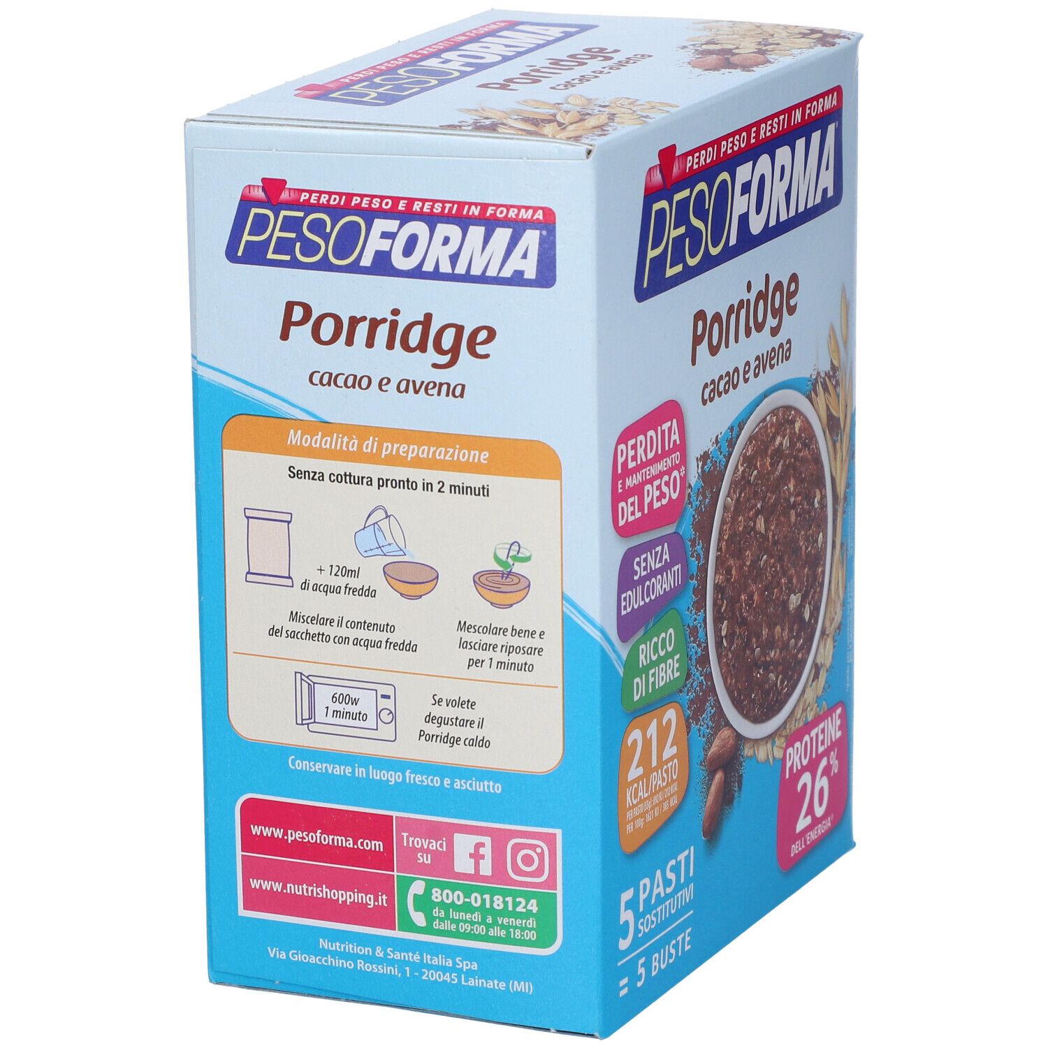 Retro della confezione Pesoforma Porridge Cioccolato. Scritte: Porridge, Cacao e Avena, istruzioni per la preparazione, informazioni nutrizionali.