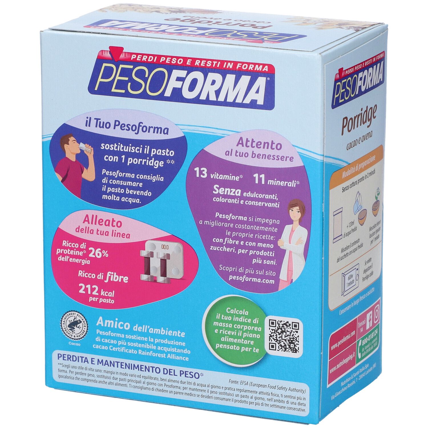 Confezione Pesoforma Porridge Cioccolato. Scritte: Porridge, Cacao e Avena, 13 vitamine, 11 minerali, 26% proteine.