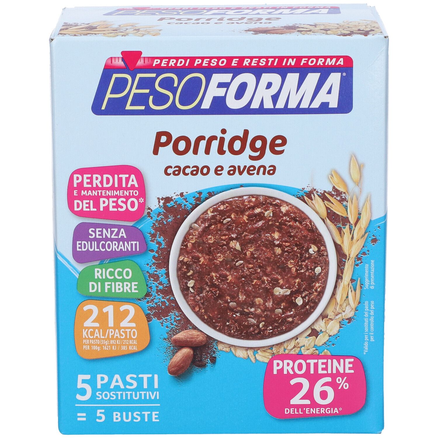 Confezione Pesoforma Porridge Cioccolato. Scritte: Porridge, Cacao e Avena, 5 Pasti Sostitutivi, 26% Proteine.