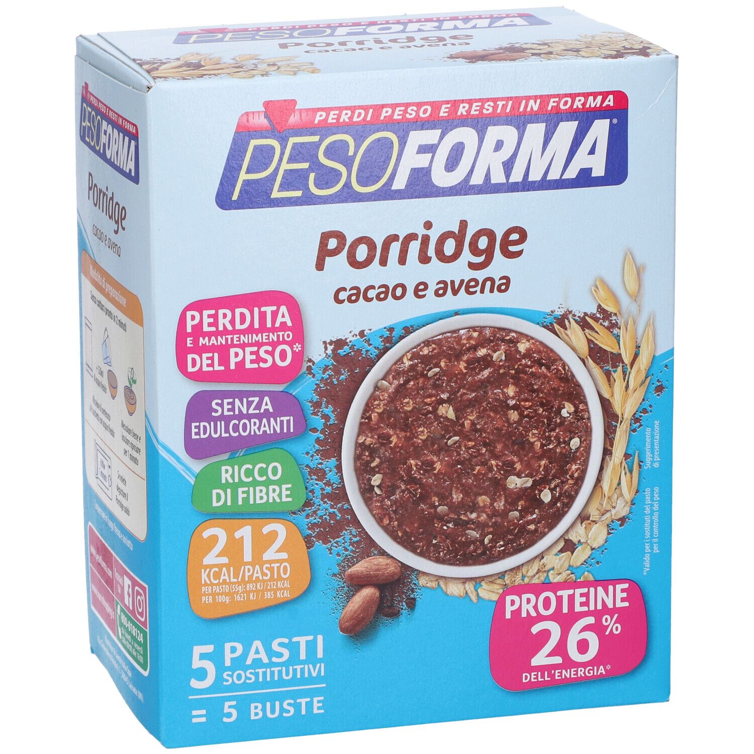 Confezione Pesoforma Porridge Cioccolato. Scritte: Porridge, Cacao e Avena, 5 Pasti Sostitutivi, 26% Proteine.