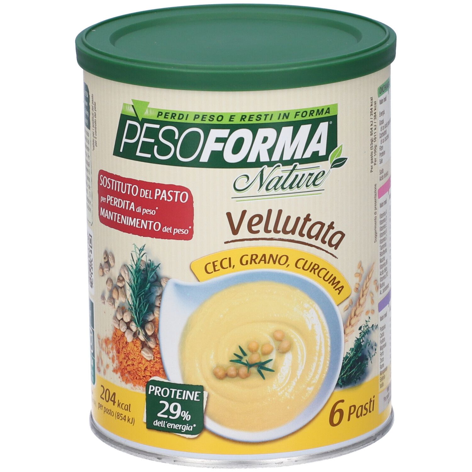 Lattina Pesoforma Nature Vellutata. Scritto: Ceci, Grano, Curcuma. 6 porzioni. 204 kcal. Proteine 29%.