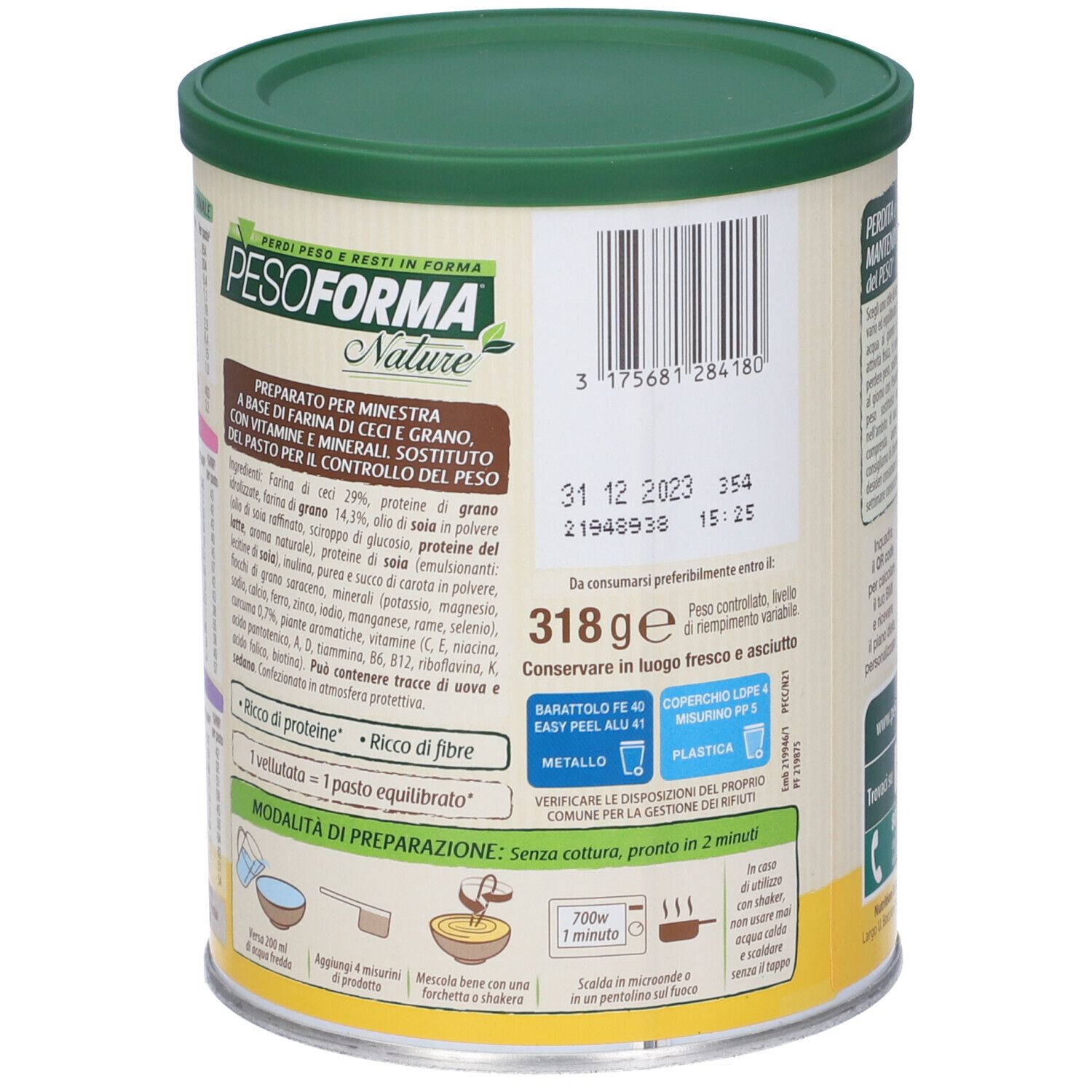 Retro della lattina Pesoforma Nature. Elenco ingredienti, informazioni nutrizionali, istruzioni. 318g. Da consumare preferibilmente entro il 31.12.2023.