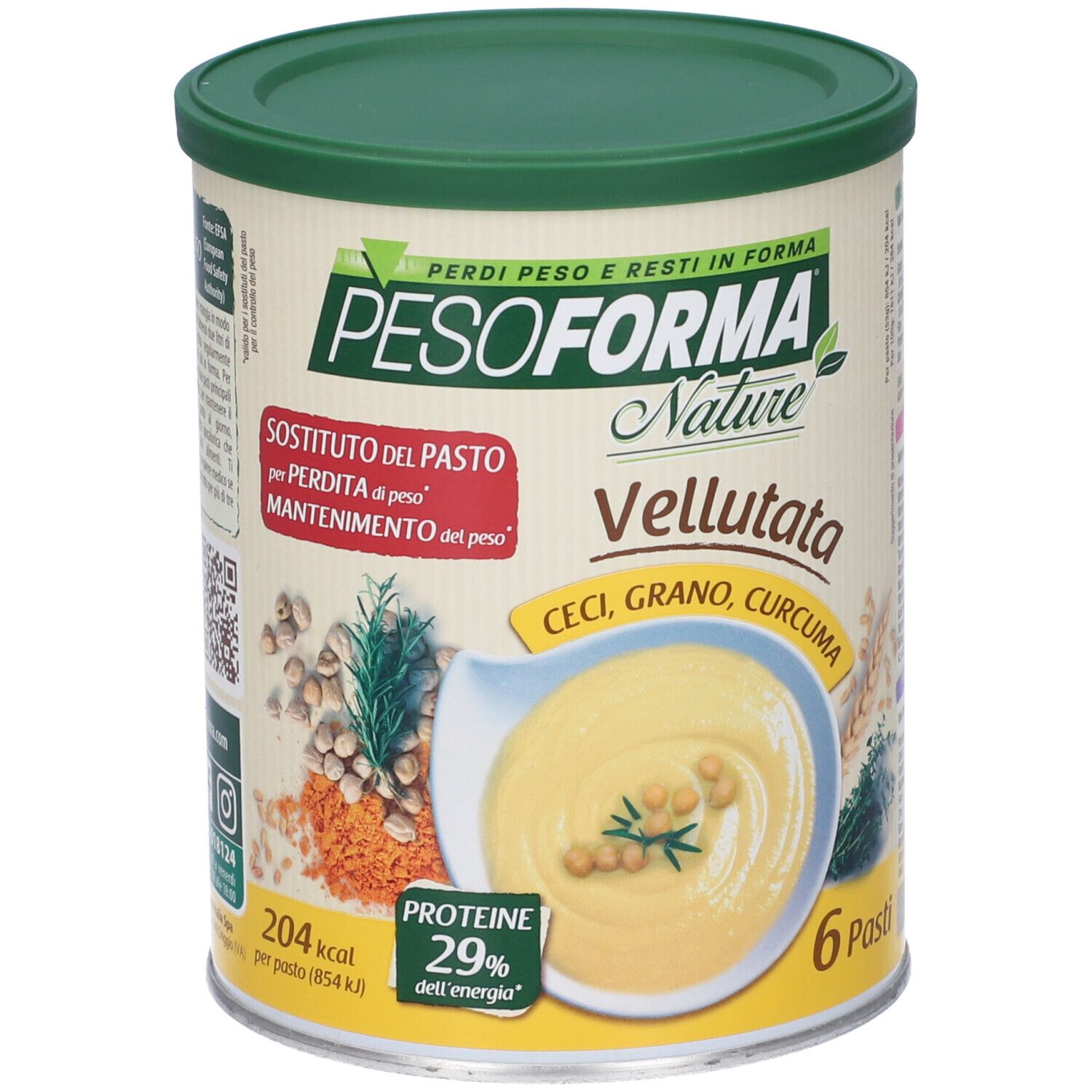 Lattina Pesoforma Nature Vellutata. Scritto: Ceci, Grano, Curcuma. 6 porzioni. 204 kcal. Proteine 29%.
